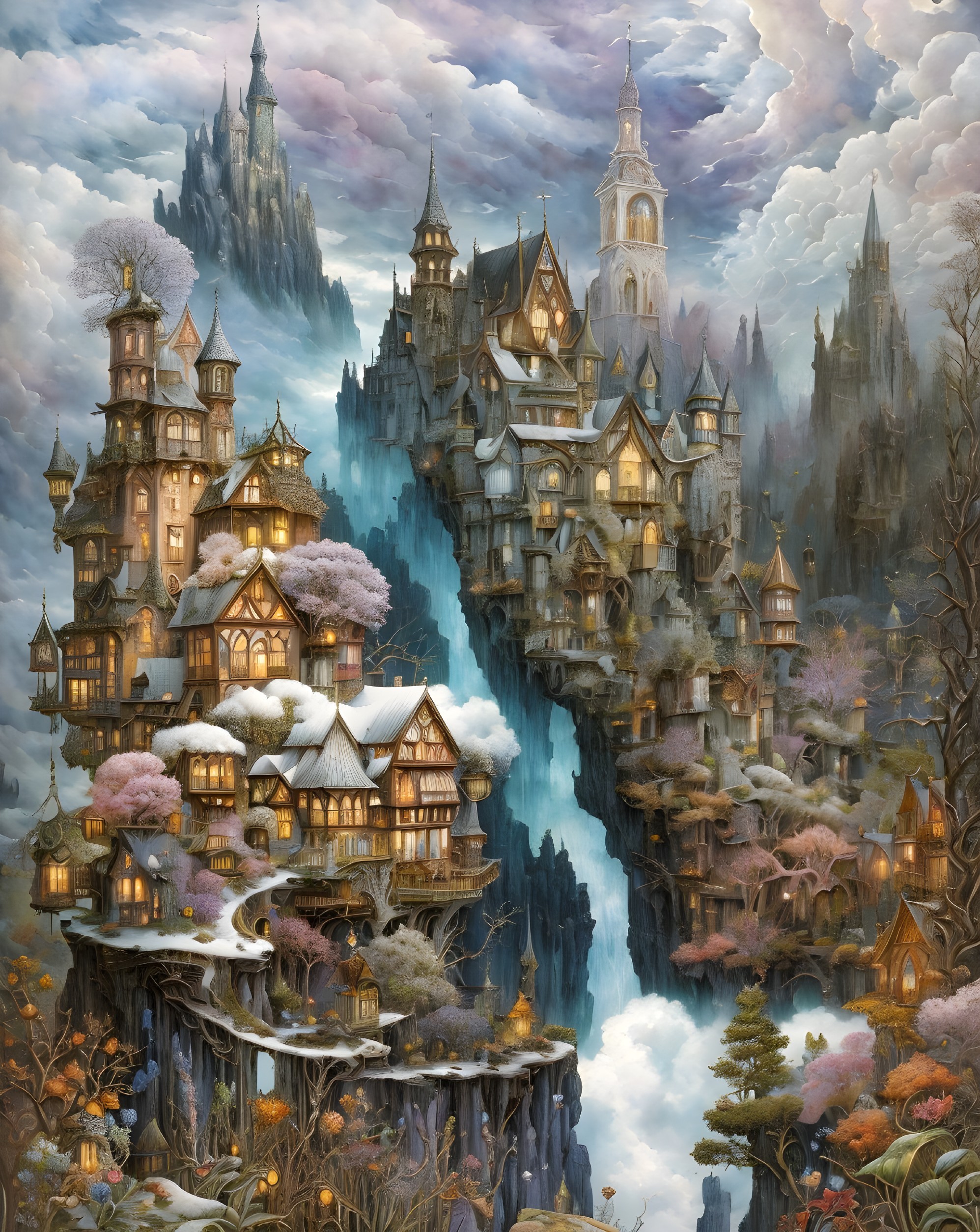 Whimsical Landscape with Intricate Clifftop Houses
