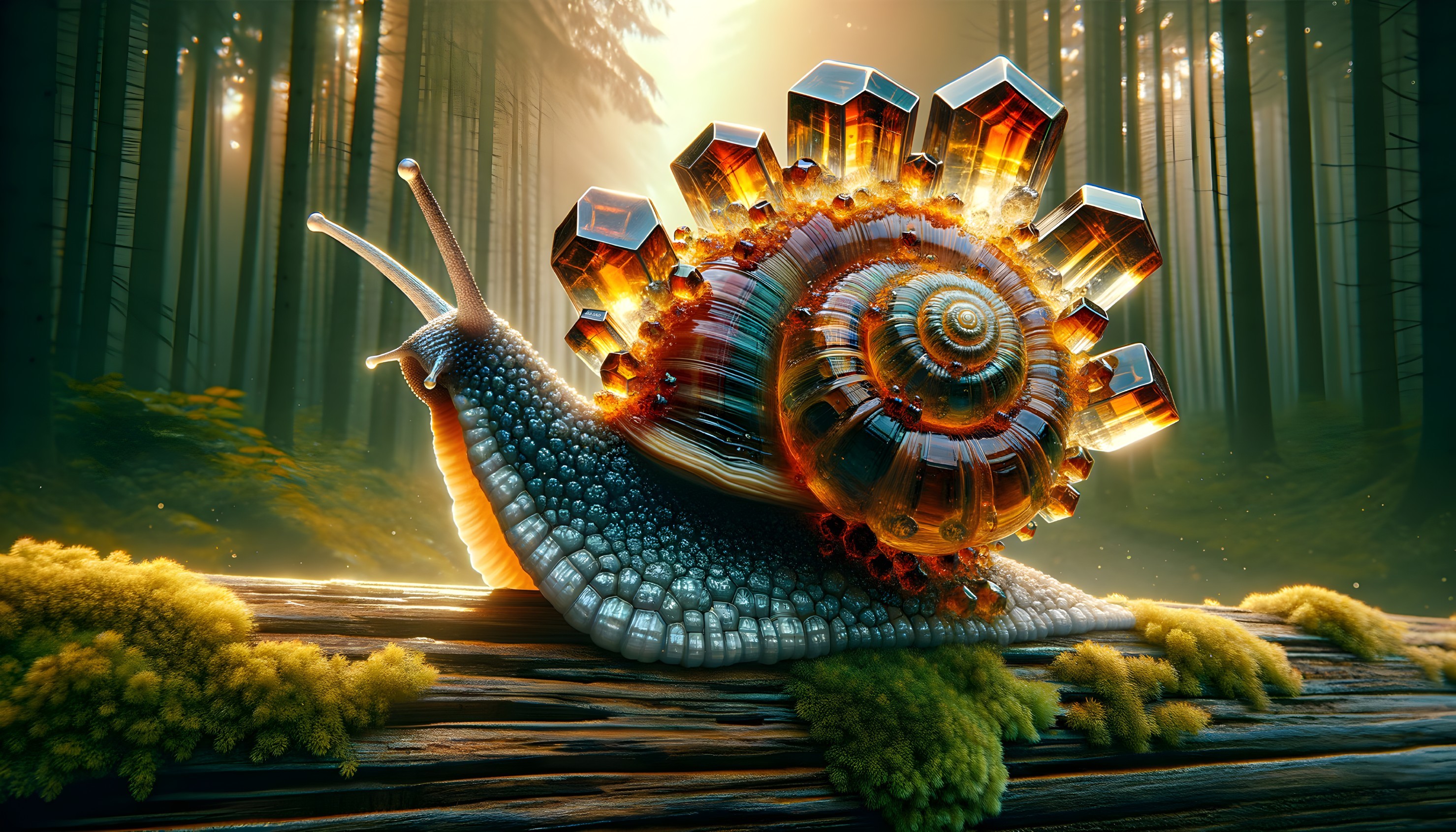 Fantastical Snail on Mossy Log in Enchanted Forest