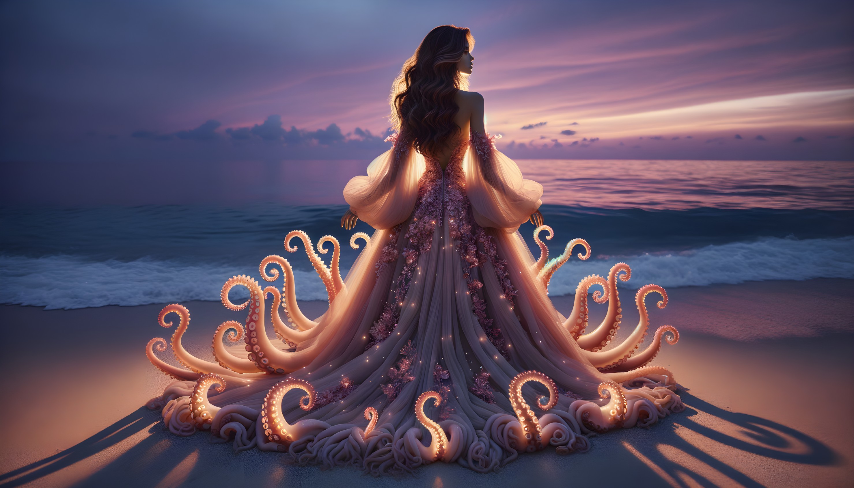 Woman in flowing gown by serene ocean at sunset