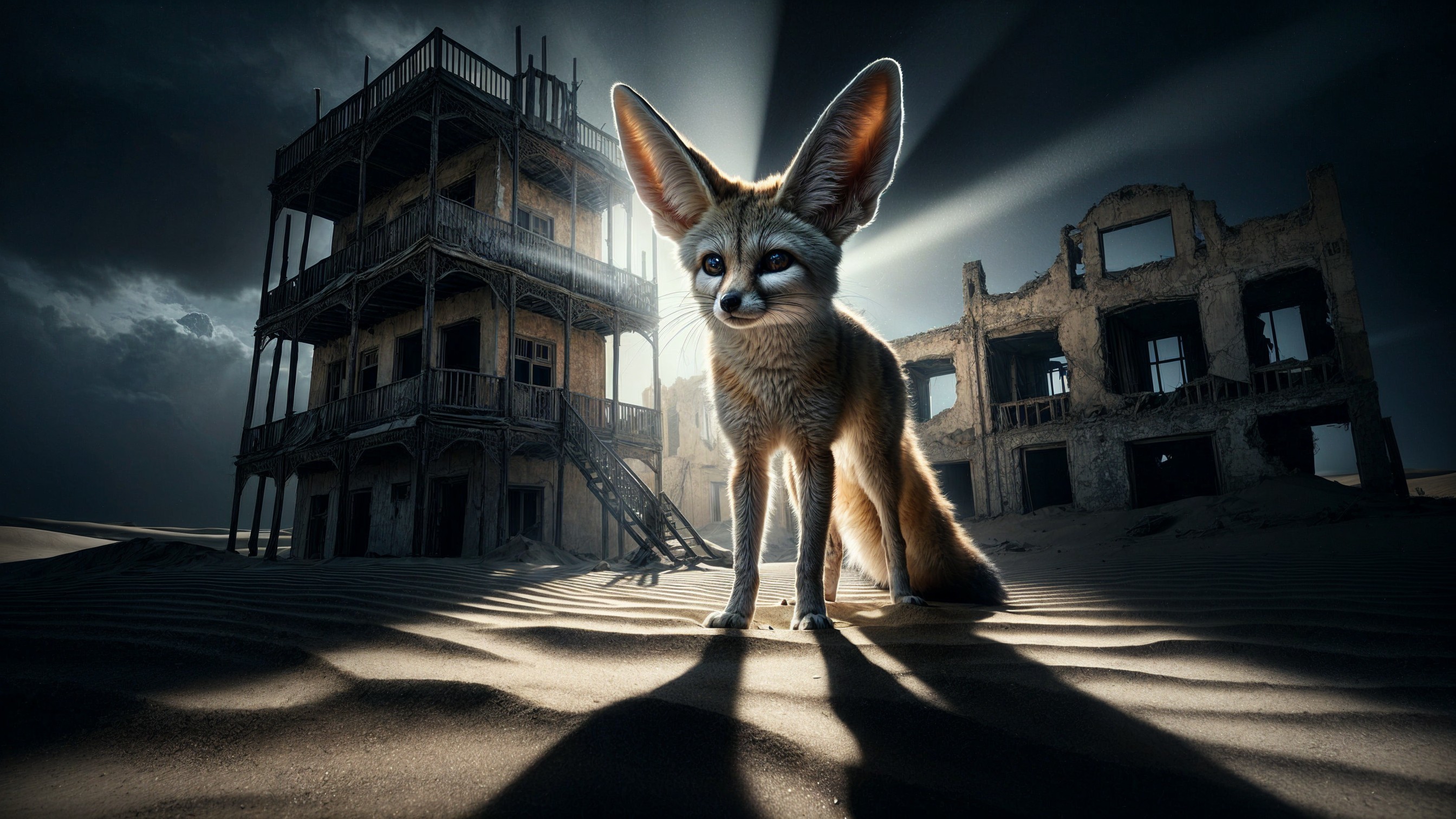 Fennec Fox in Desert with Abandoned Building Background