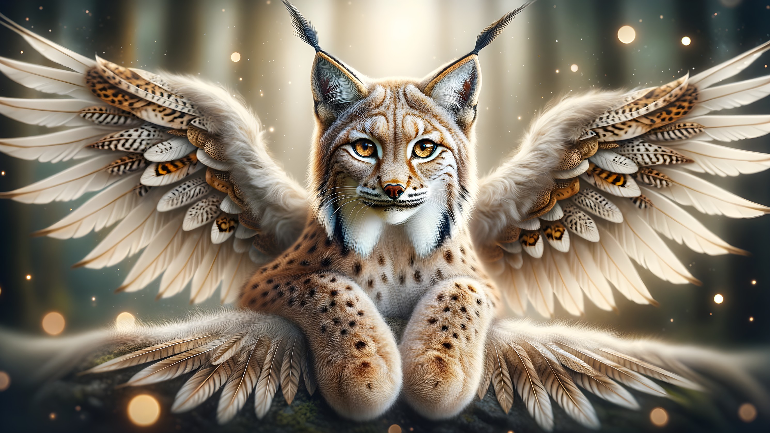 Lynx with Wings Resting in a Magical Forest Setting
