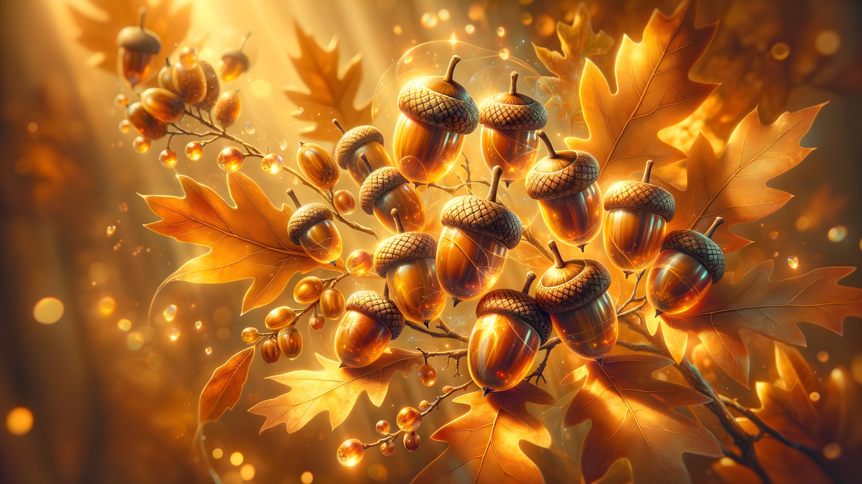 Close-Up of Glossy Acorns and Autumn Leaves