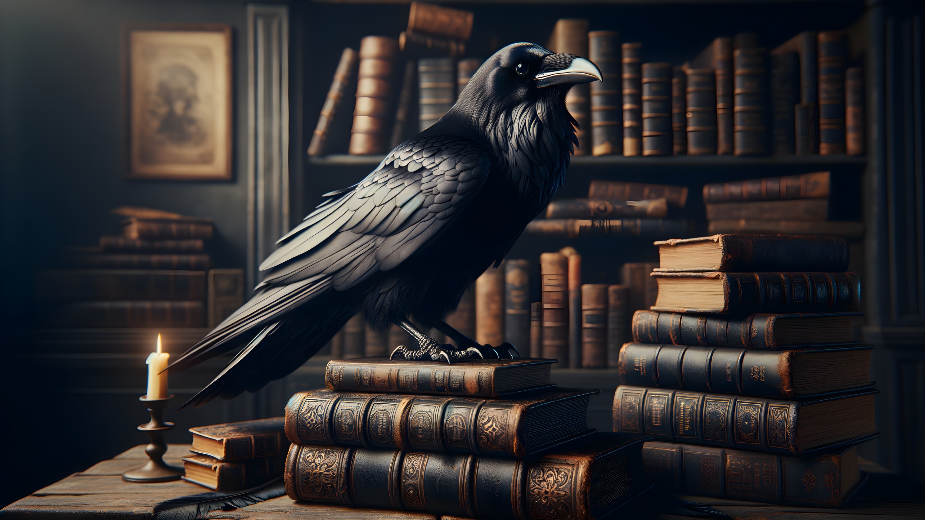 Black Raven on Ancient Books in Dim Library Setting