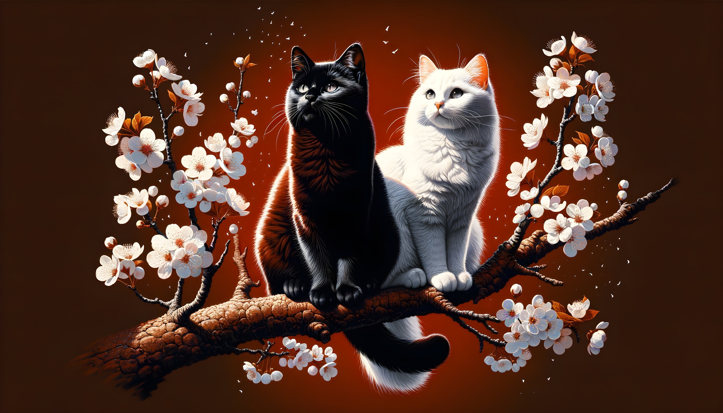 Black and White Cats on Cherry Blossom Branch