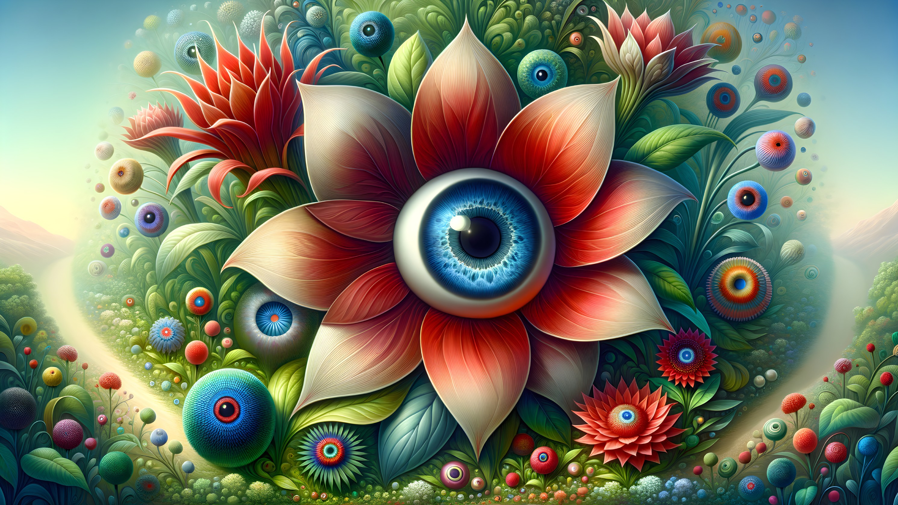 Vibrant Surreal Landscape with Intricate Flowers and Orbs