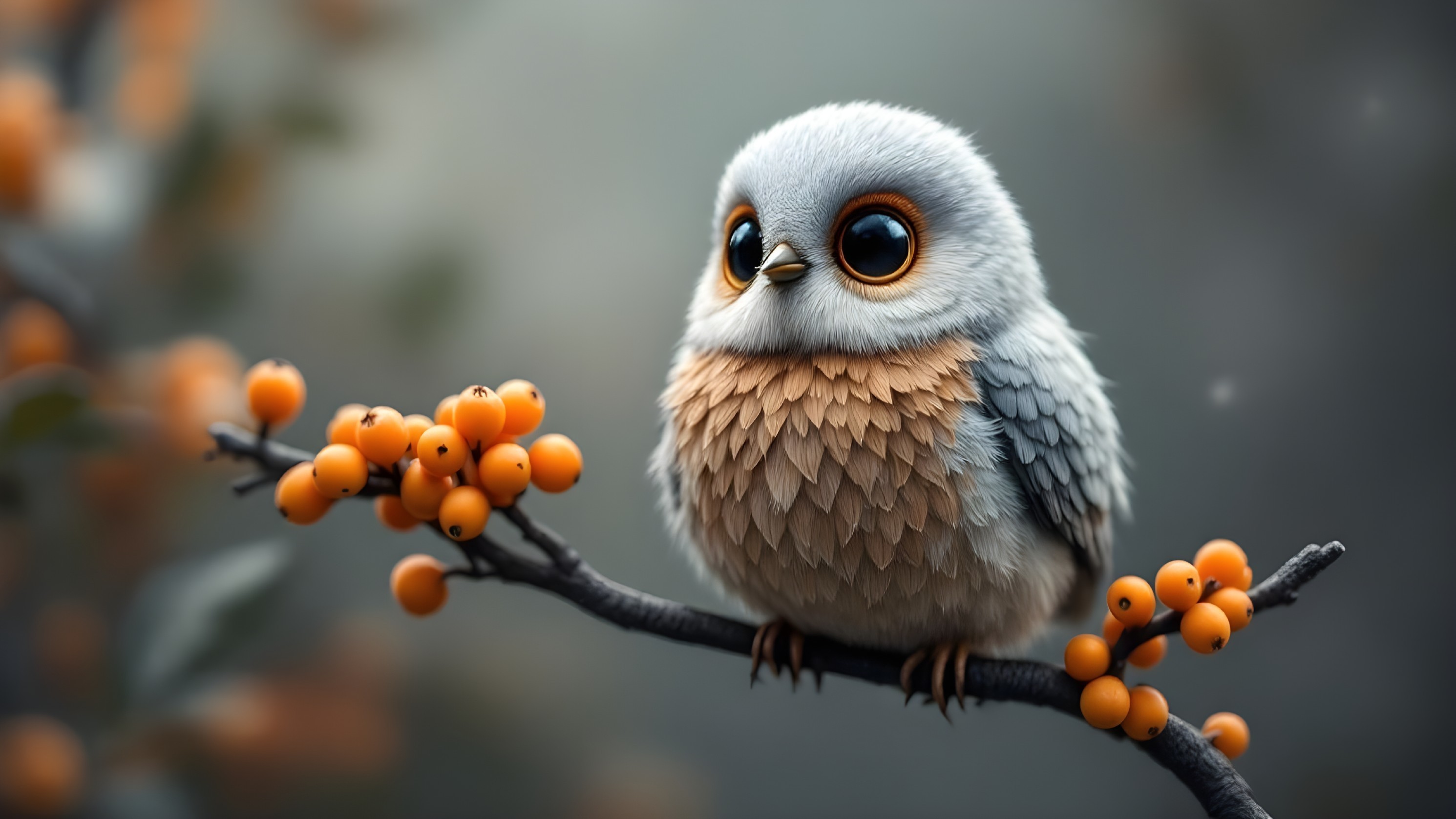 Cartoon Owl on Branch with Orange Berries and Soft Background