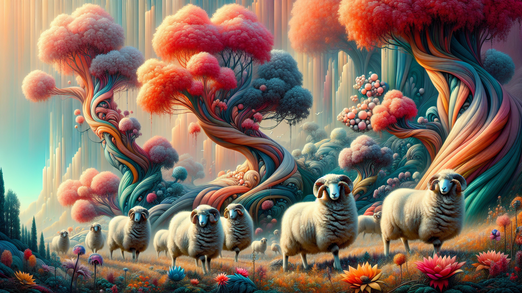 Surreal Landscape with Vibrant Trees and Grazing Sheep