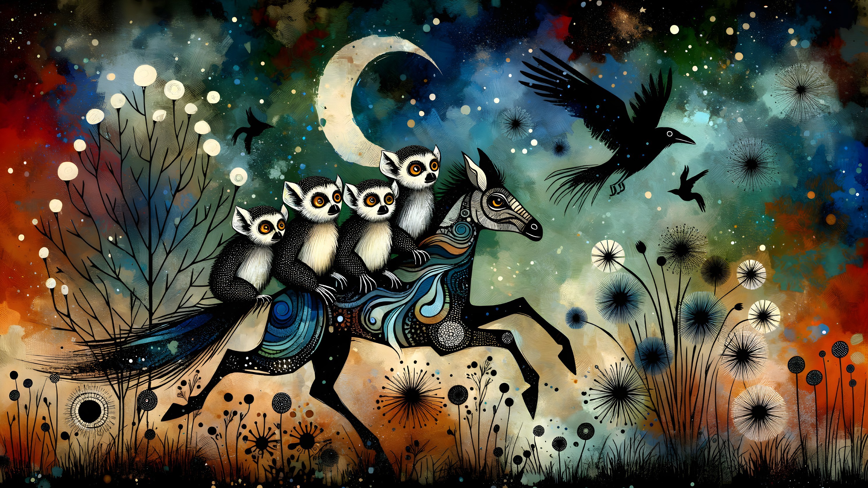 Whimsical Illustration of a Galloping Horse and Owls