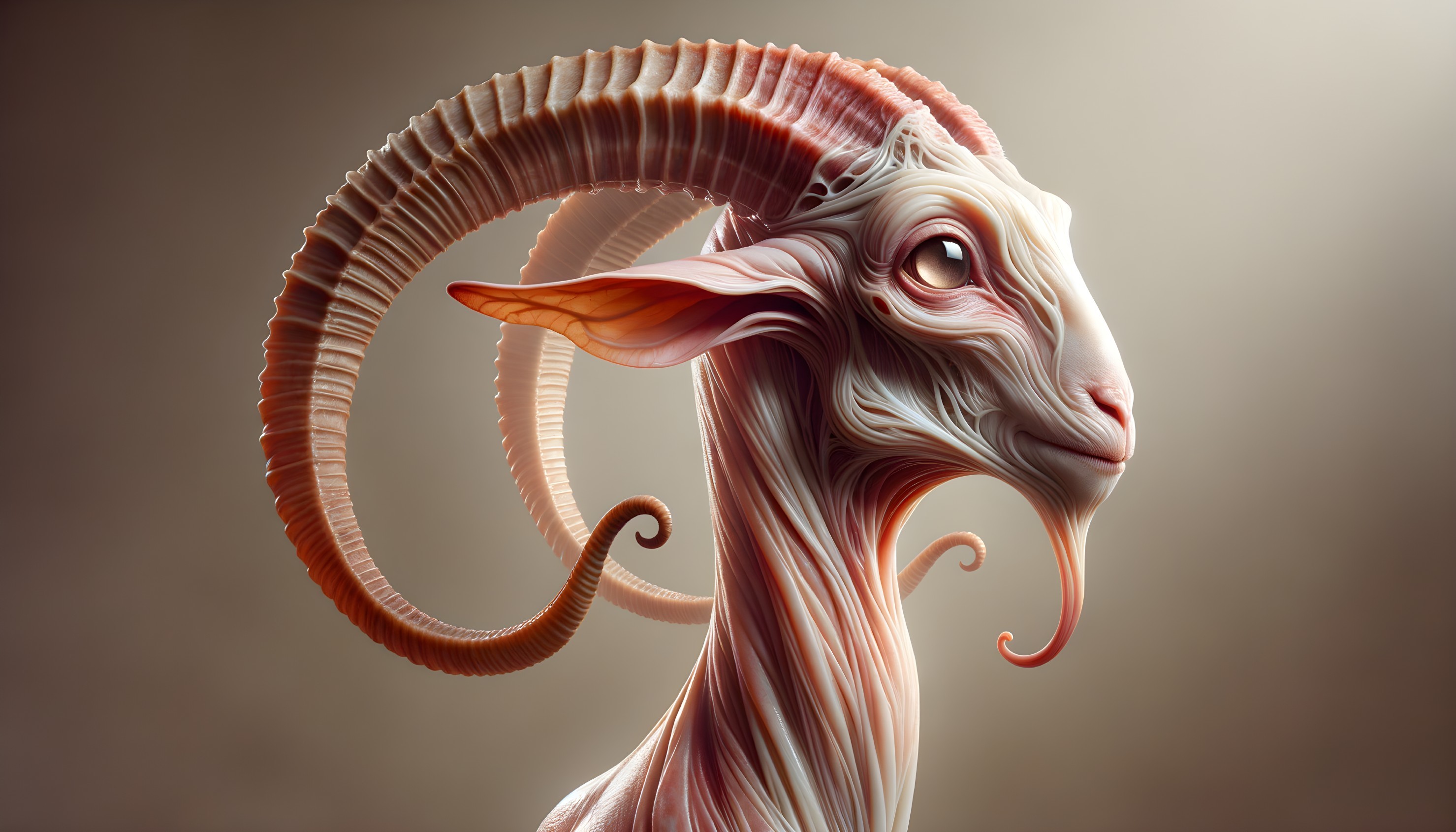 Surreal Goat-Like Creature with Spiraled Horns