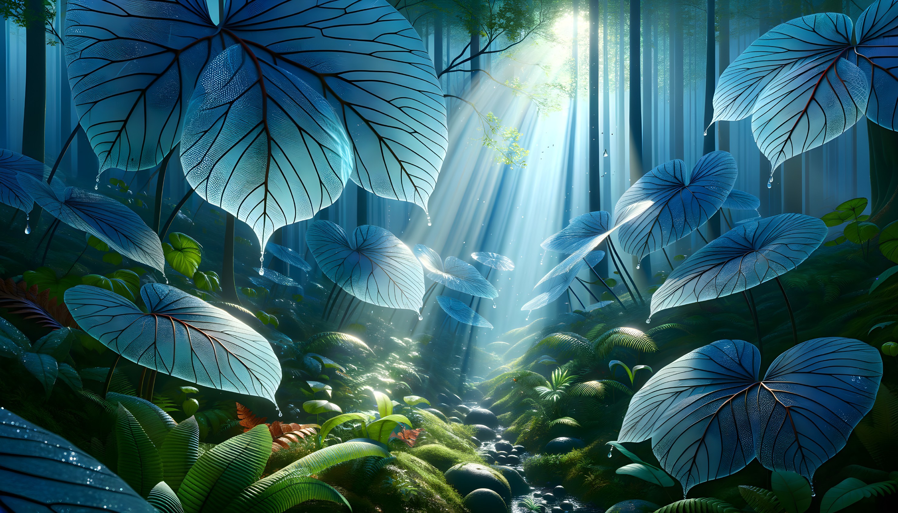 Vibrant Mystical Forest with Sunlight and Ferns