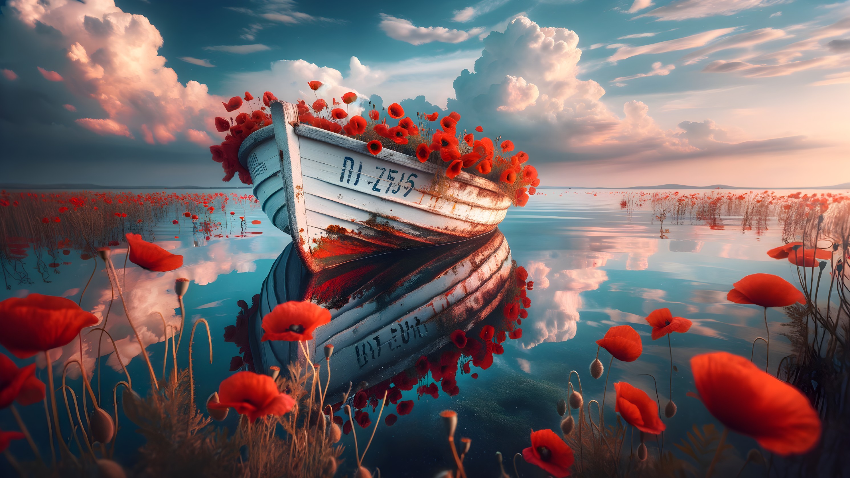 Weathered Boat Surrounded by Poppies on Calm Waters