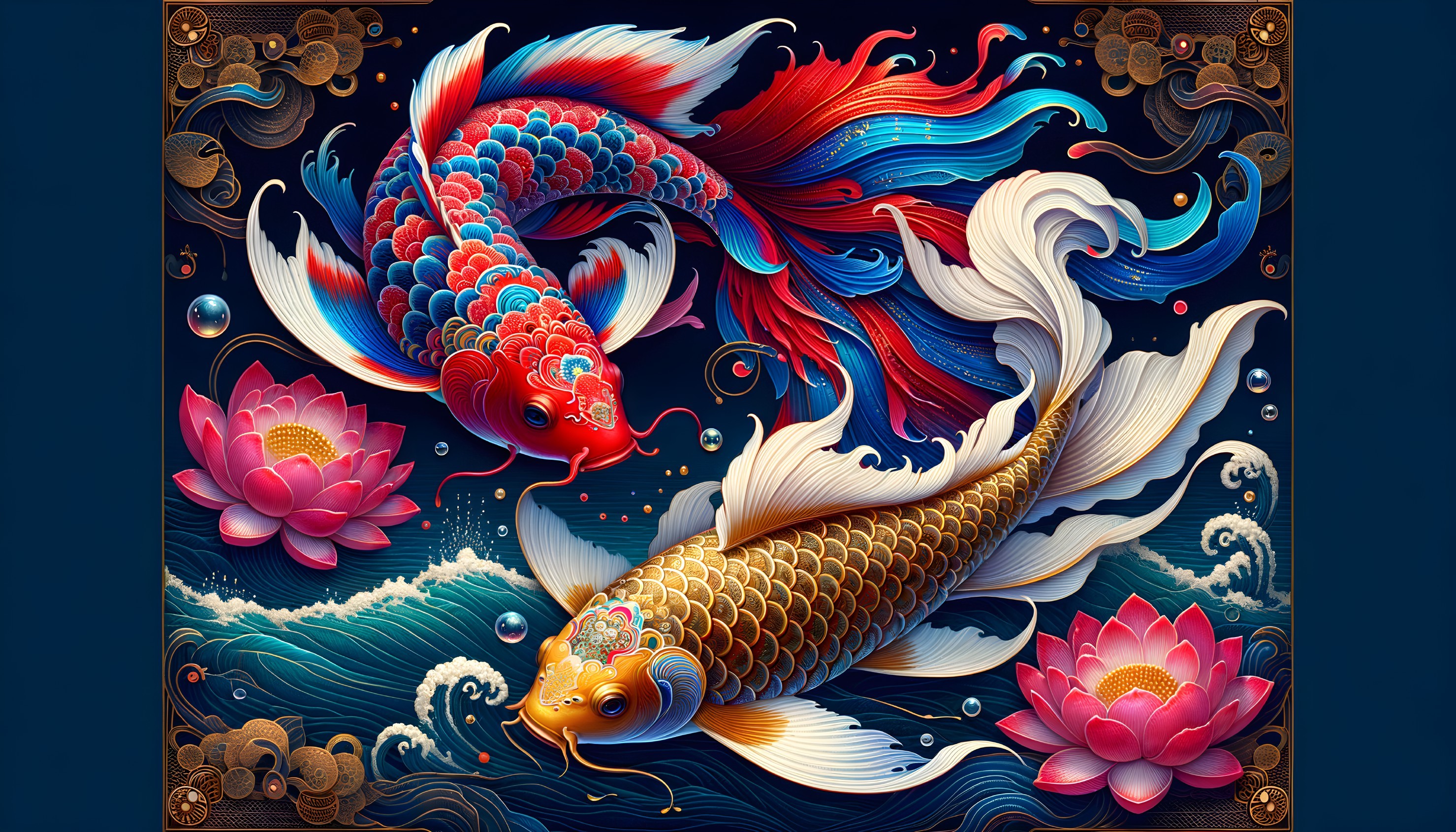 Ornate koi fish with lotus flowers in aquatic scene
