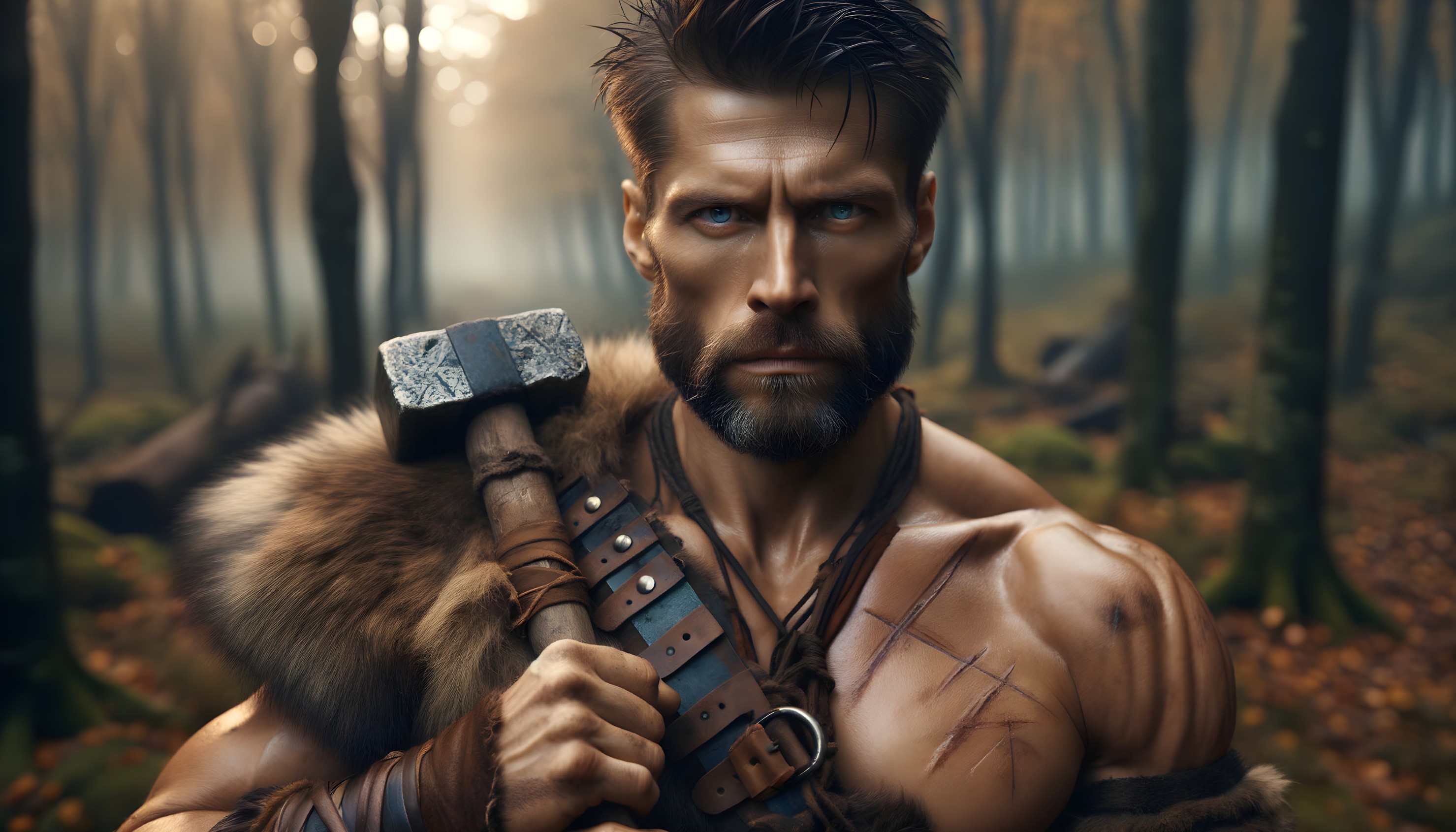 Muscular Warrior in Misty Forest with Hammer