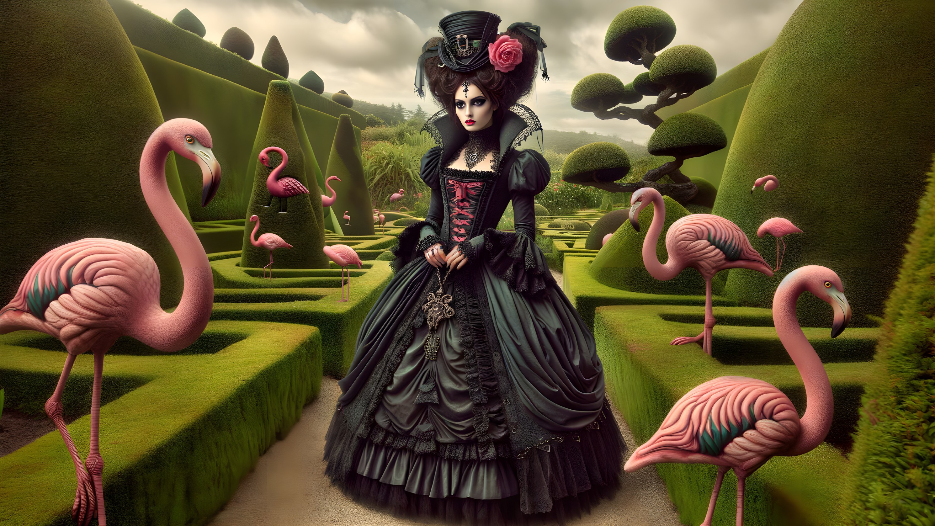 Surreal Garden with Woman in Black Dress and Flamingos