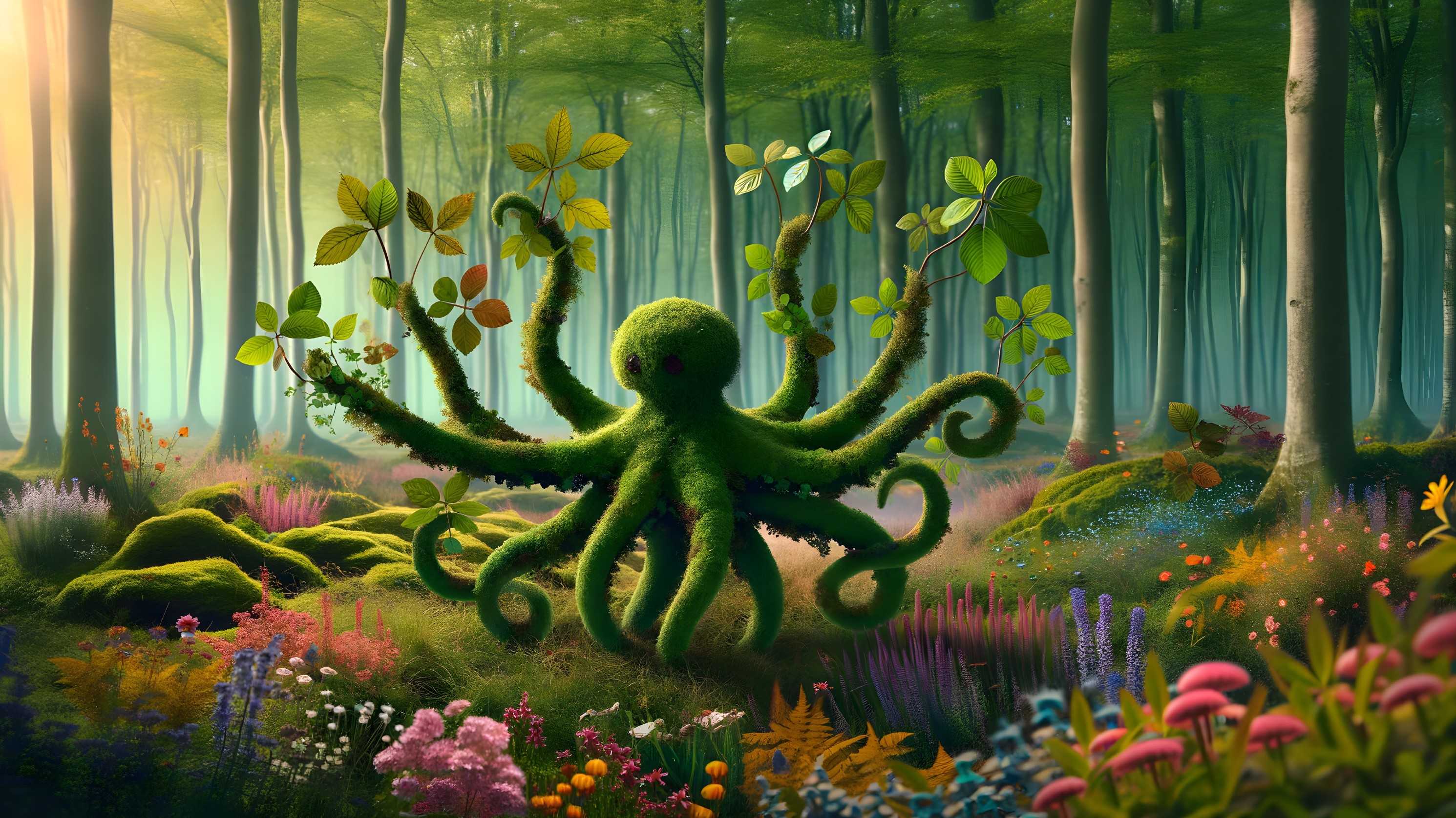 Mossy Octopus Surrounded by Vibrant Forest Flora