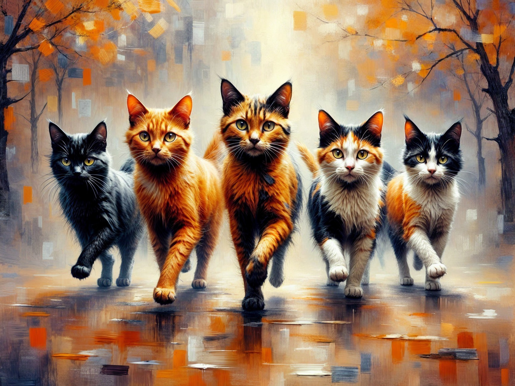 Five Cats Walking in Autumn Landscape with Warm Colors