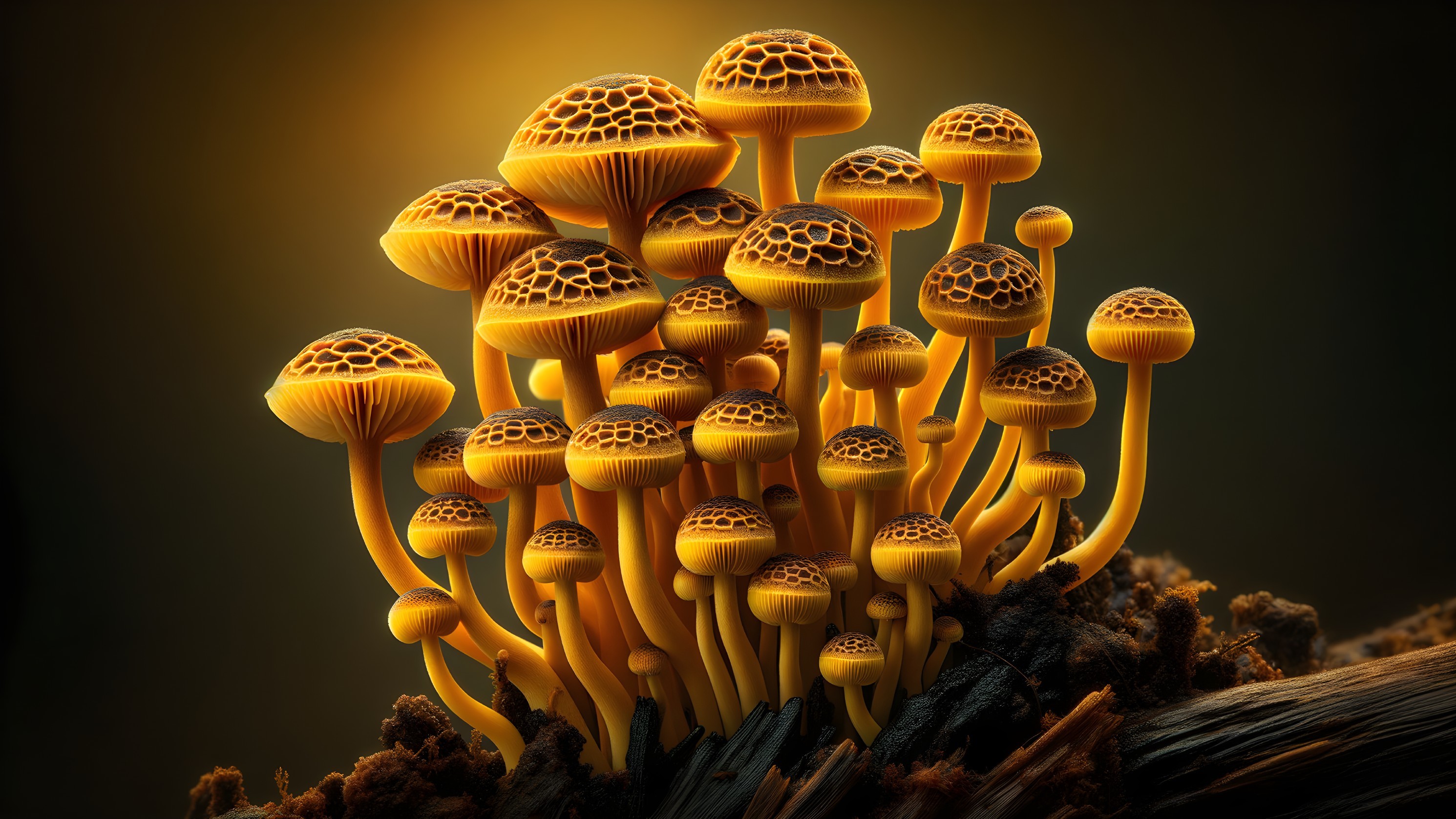 Close-Up of Vibrant Yellow Mushrooms on Dark Wood