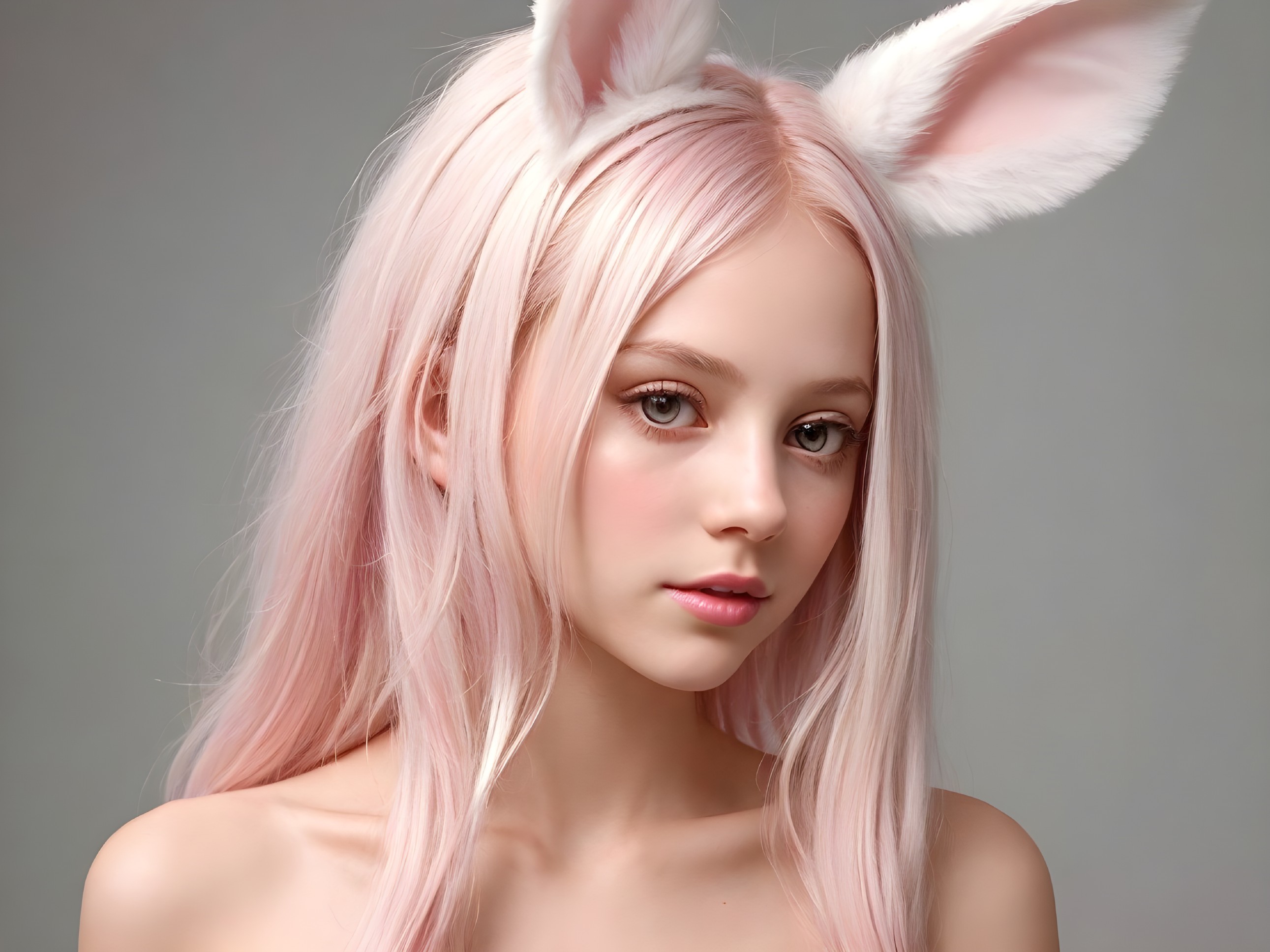 Young person with pastel pink hair and bunny ears