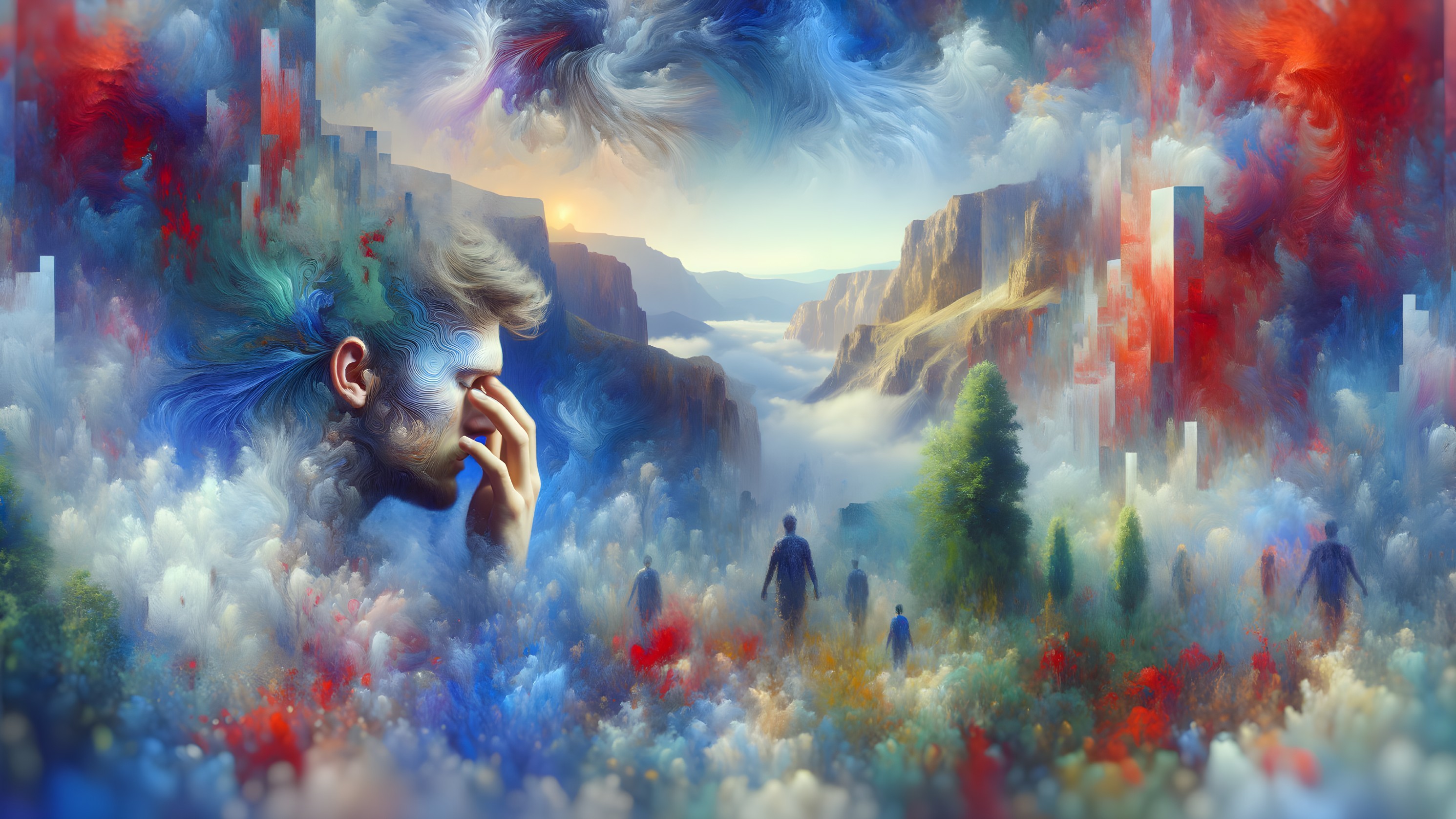 Surreal Landscape with Contemplative Figure and Vivid Skies