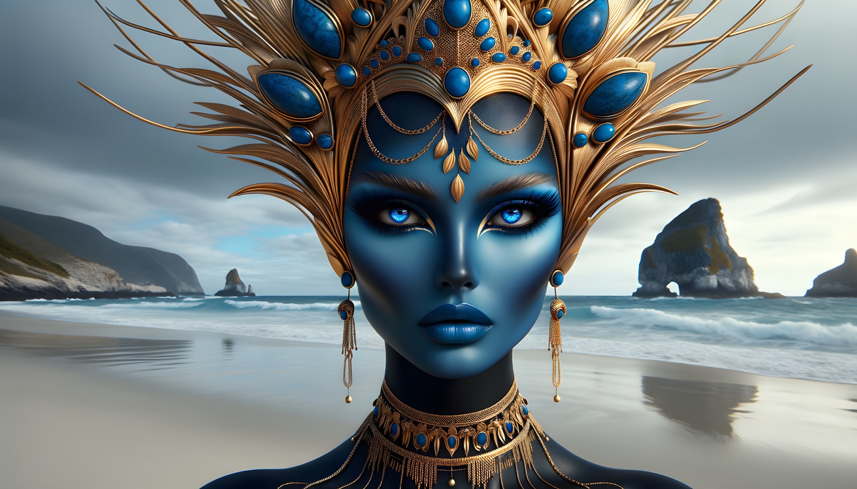 Ethereal Figure with Golden Jewelry at Beach Scene