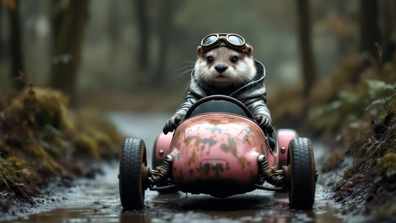 Charming Critter in Vintage Toy Car in Misty Forest