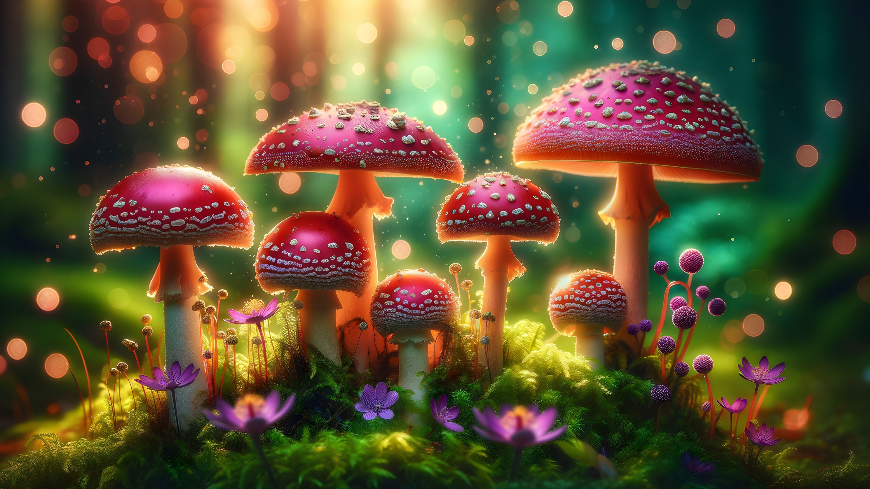 Red Mushrooms and Purple Flowers in Forest Setting