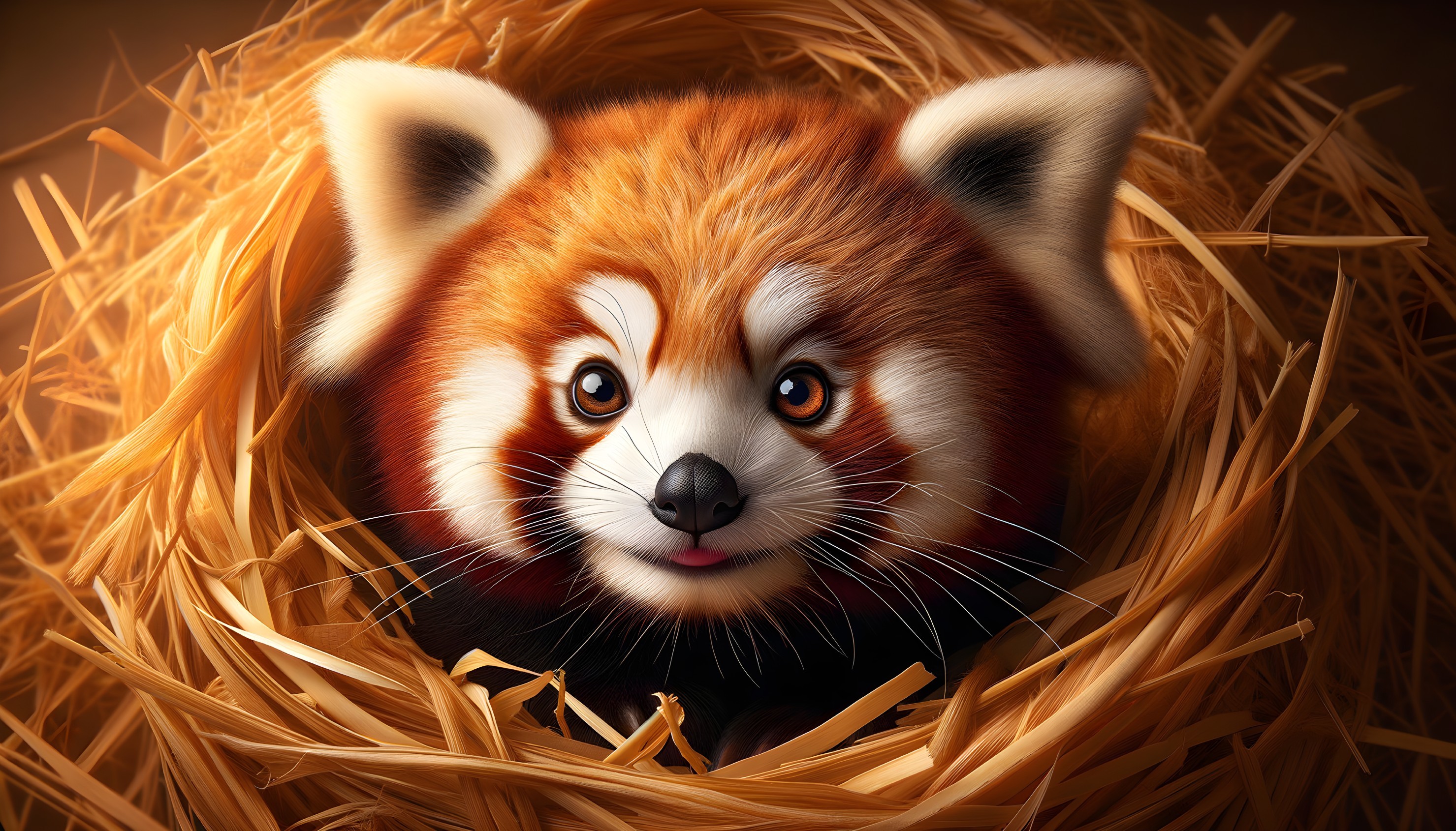 Red panda nestled in golden straw with bright eyes