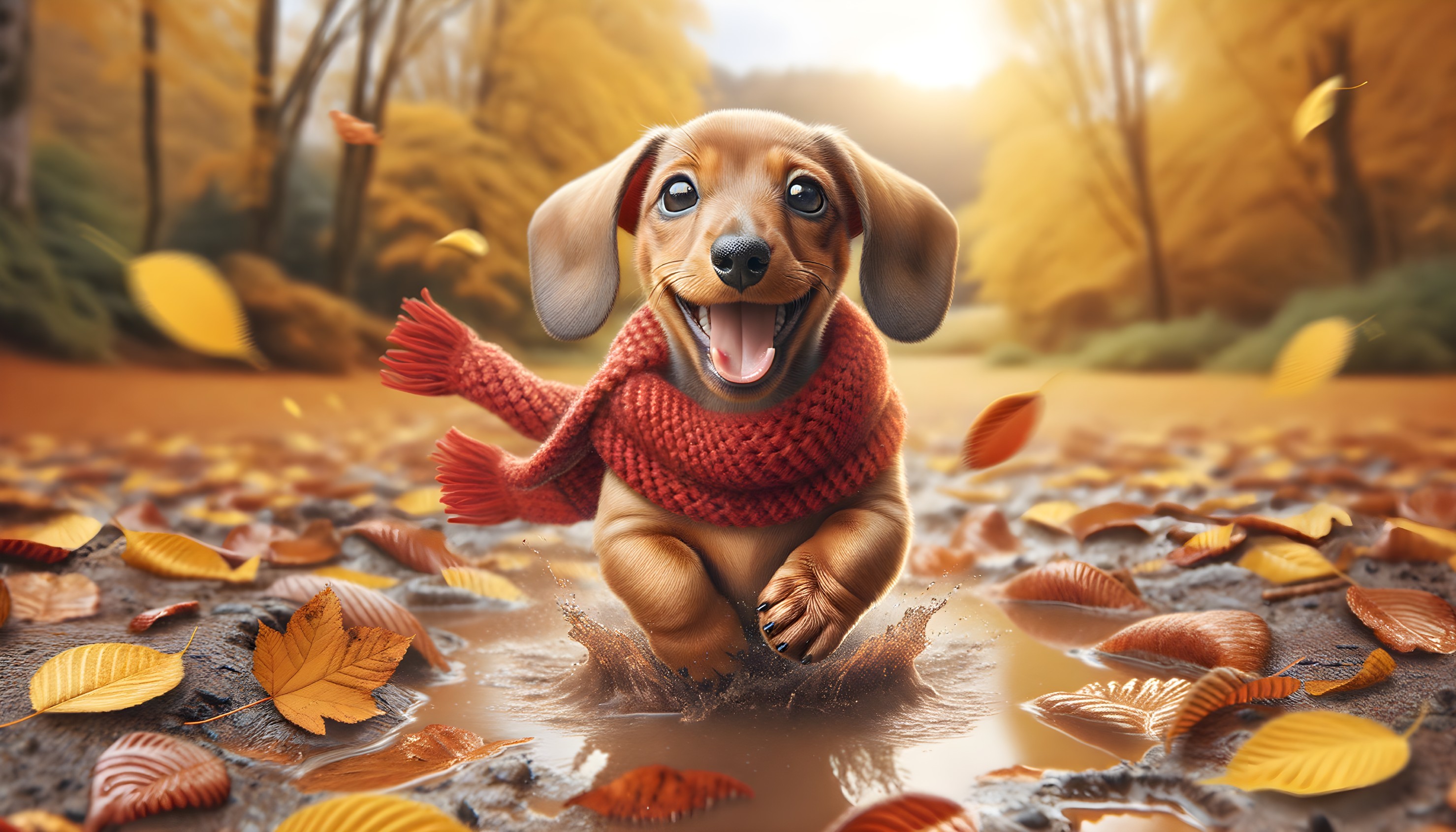 Dachshund Splashing in Autumn Leaves with Red Scarf