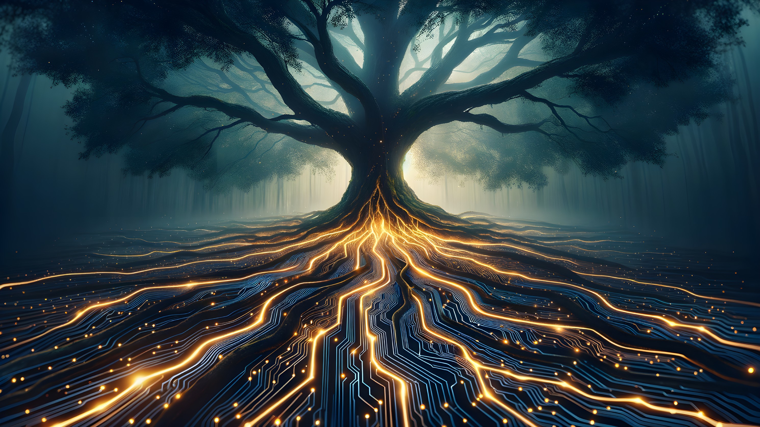 Majestic tree in misty forest with glowing circuits