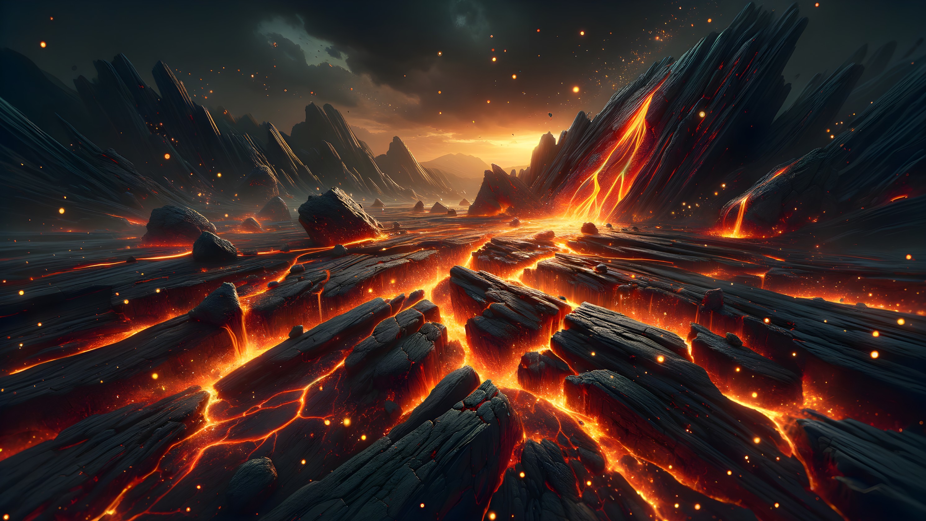 Volcanic Landscape with Molten Lava at Sunset