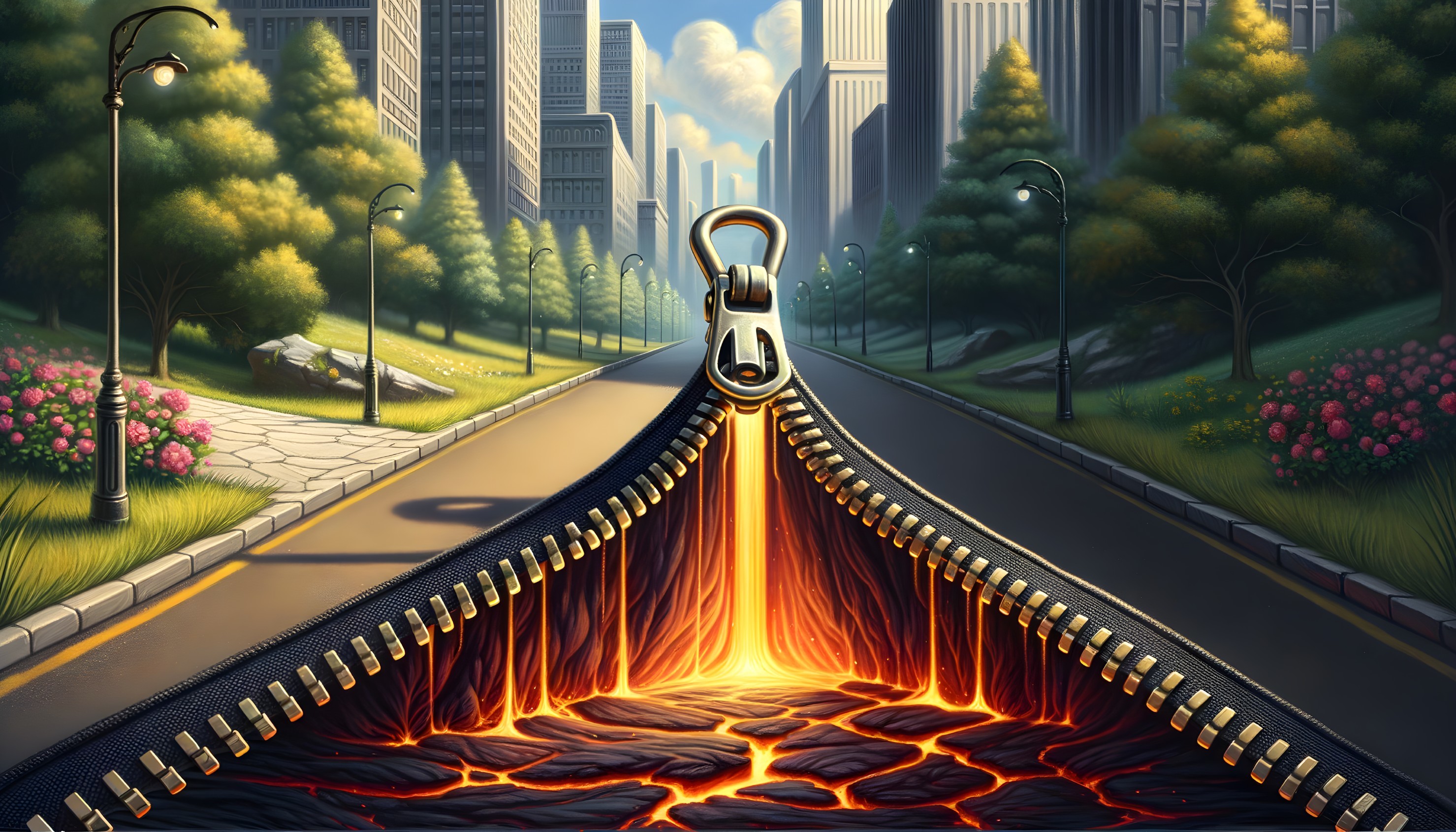 Surreal Cityscape with Zipper and Flowing Lava