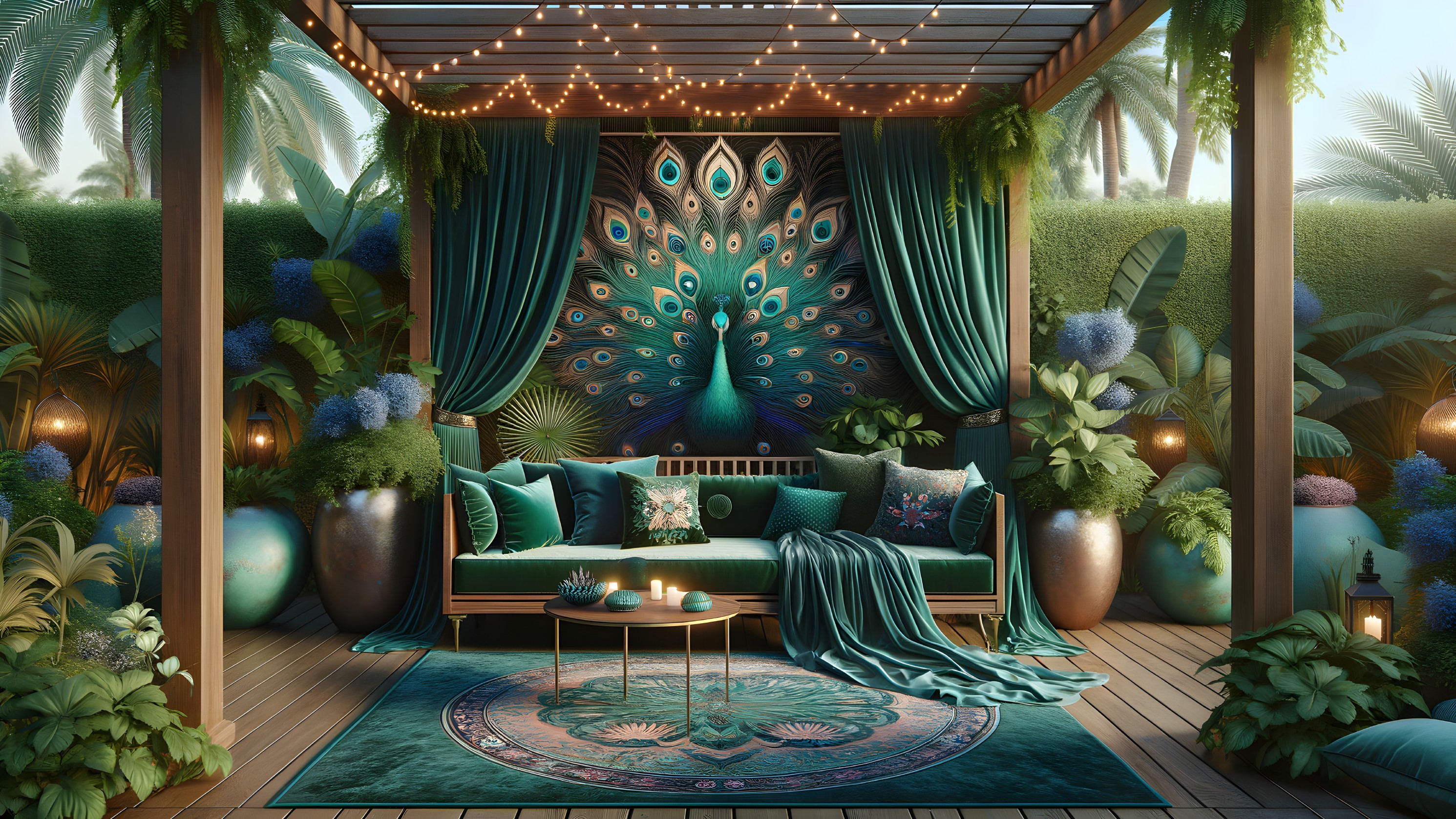 Vibrant Peacock Mural in Serene Outdoor Space