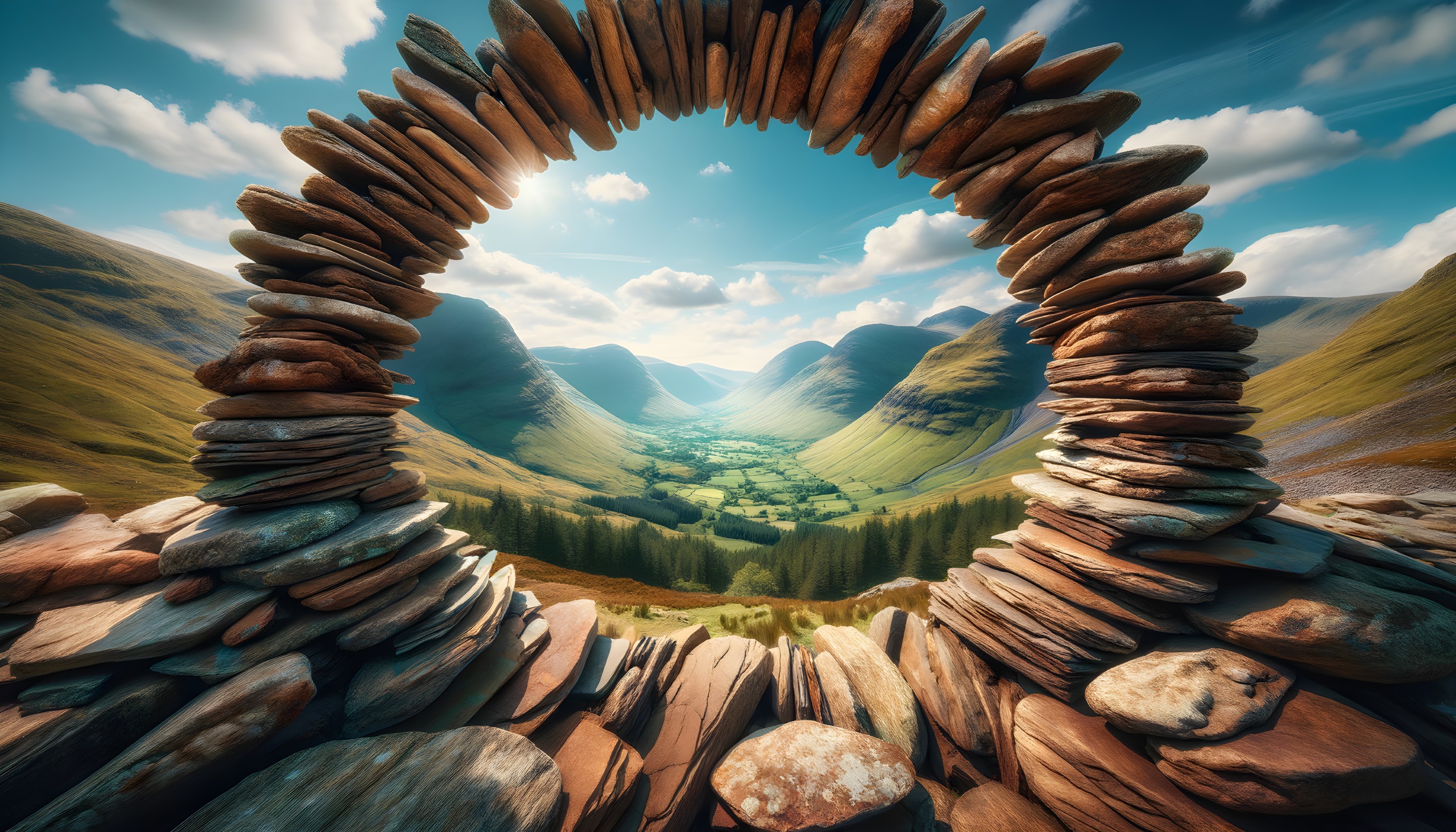 Lush Green Valley Framed by Circular Stone Arch