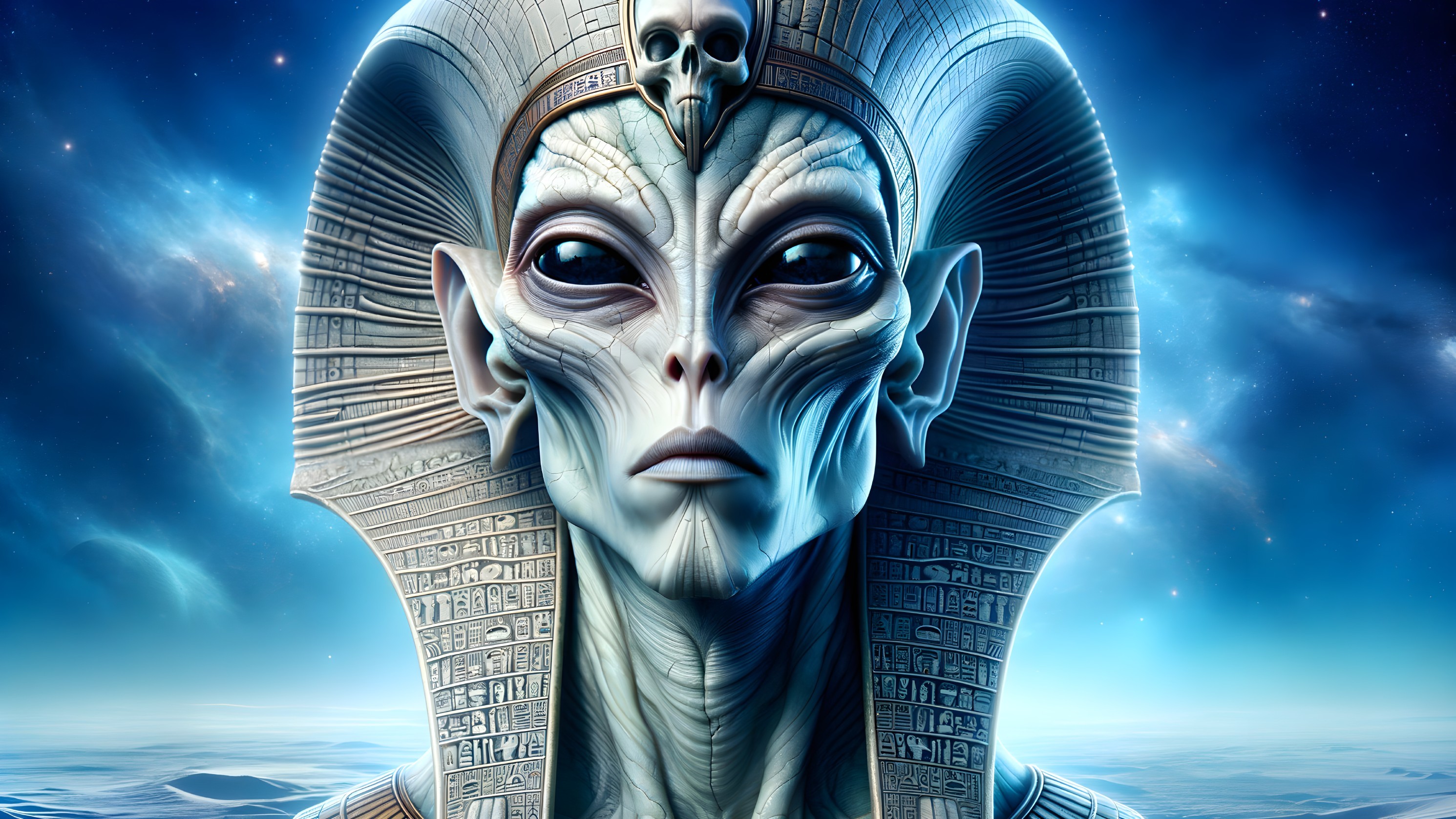 Extraterrestrial Figure with Hieroglyphs Against Stars