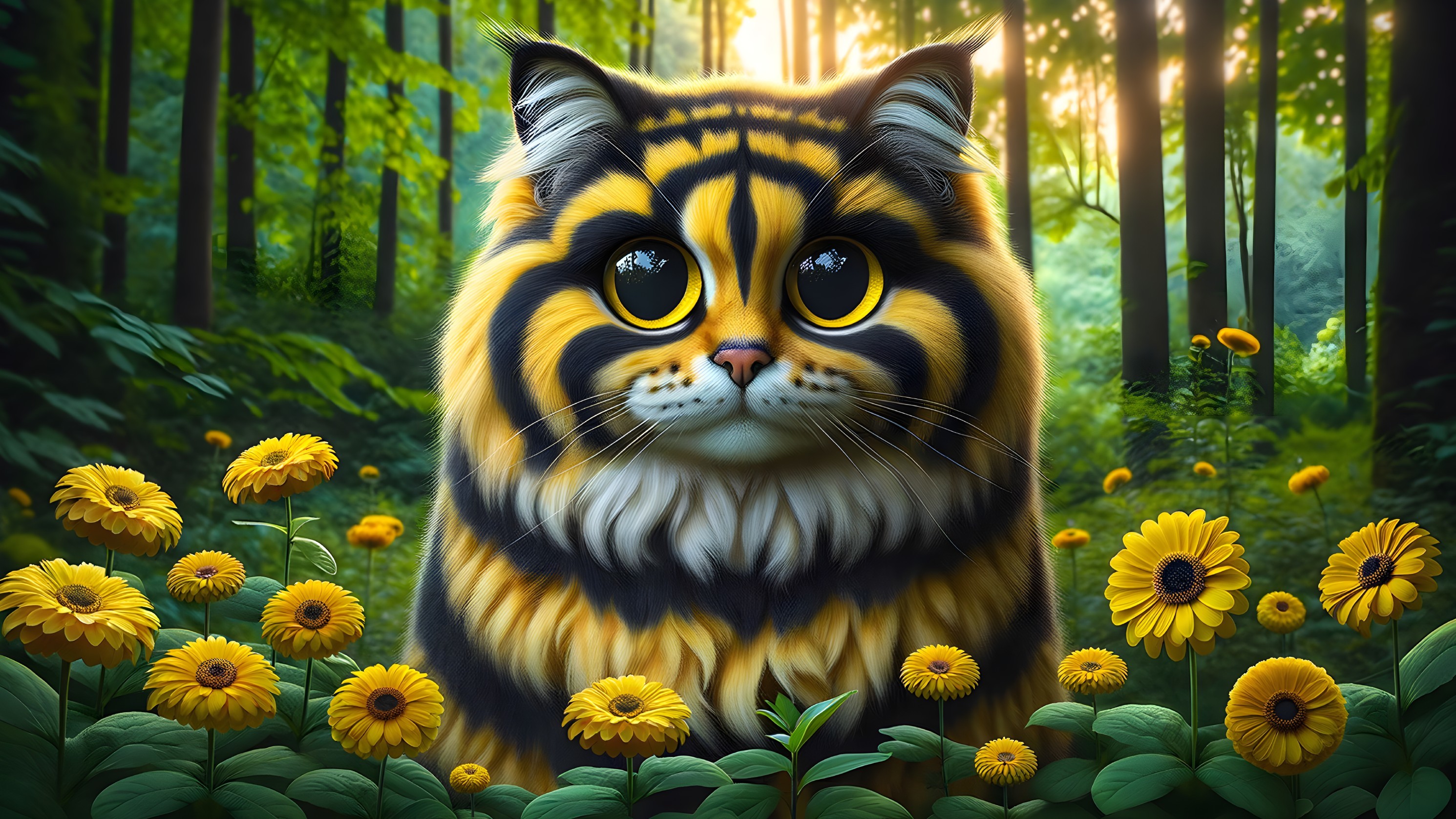 Whimsical Cat in Sunflower Field with Forest Backdrop