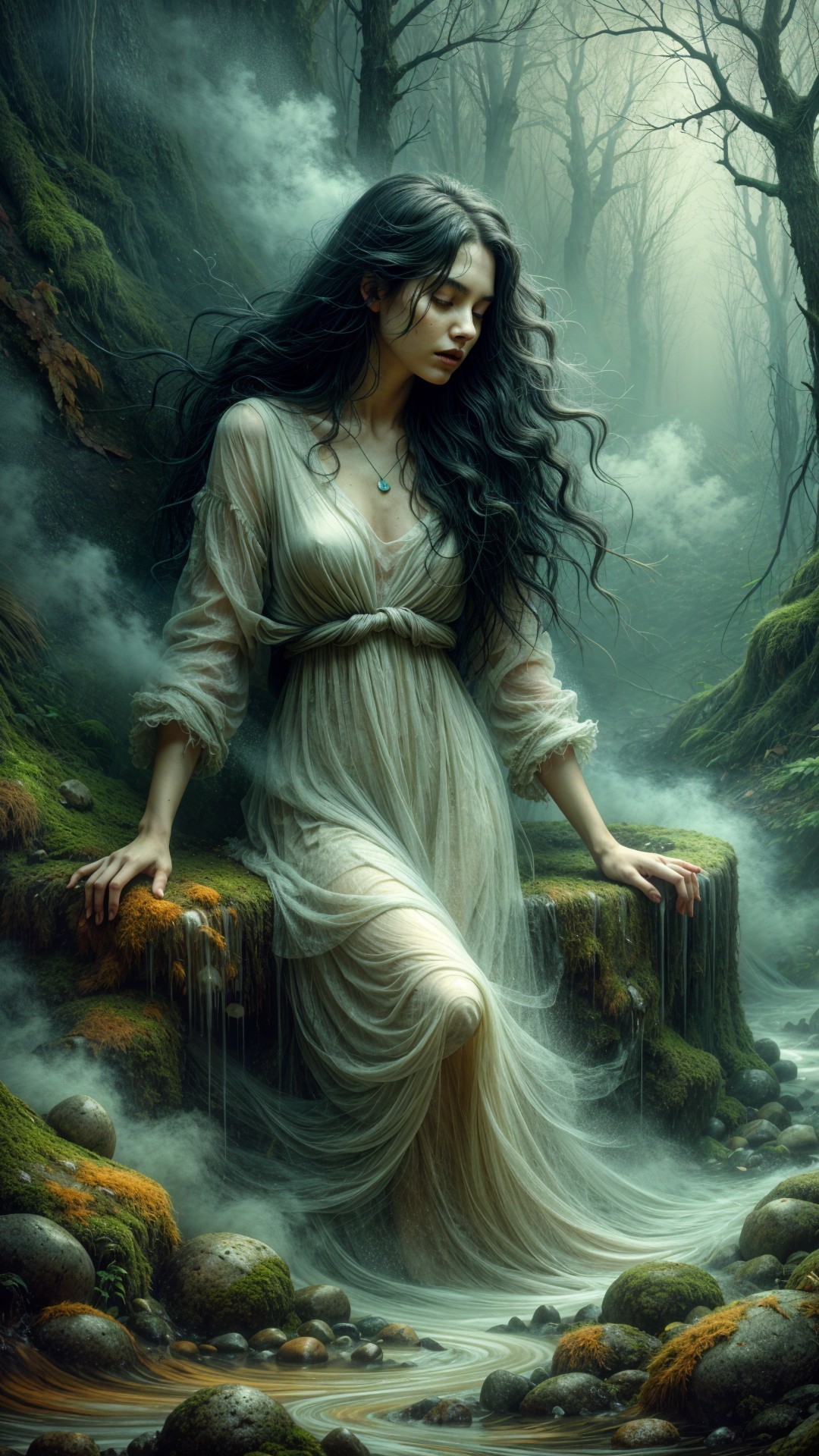 Mystical Woman in Foggy Forest by Gentle Stream
