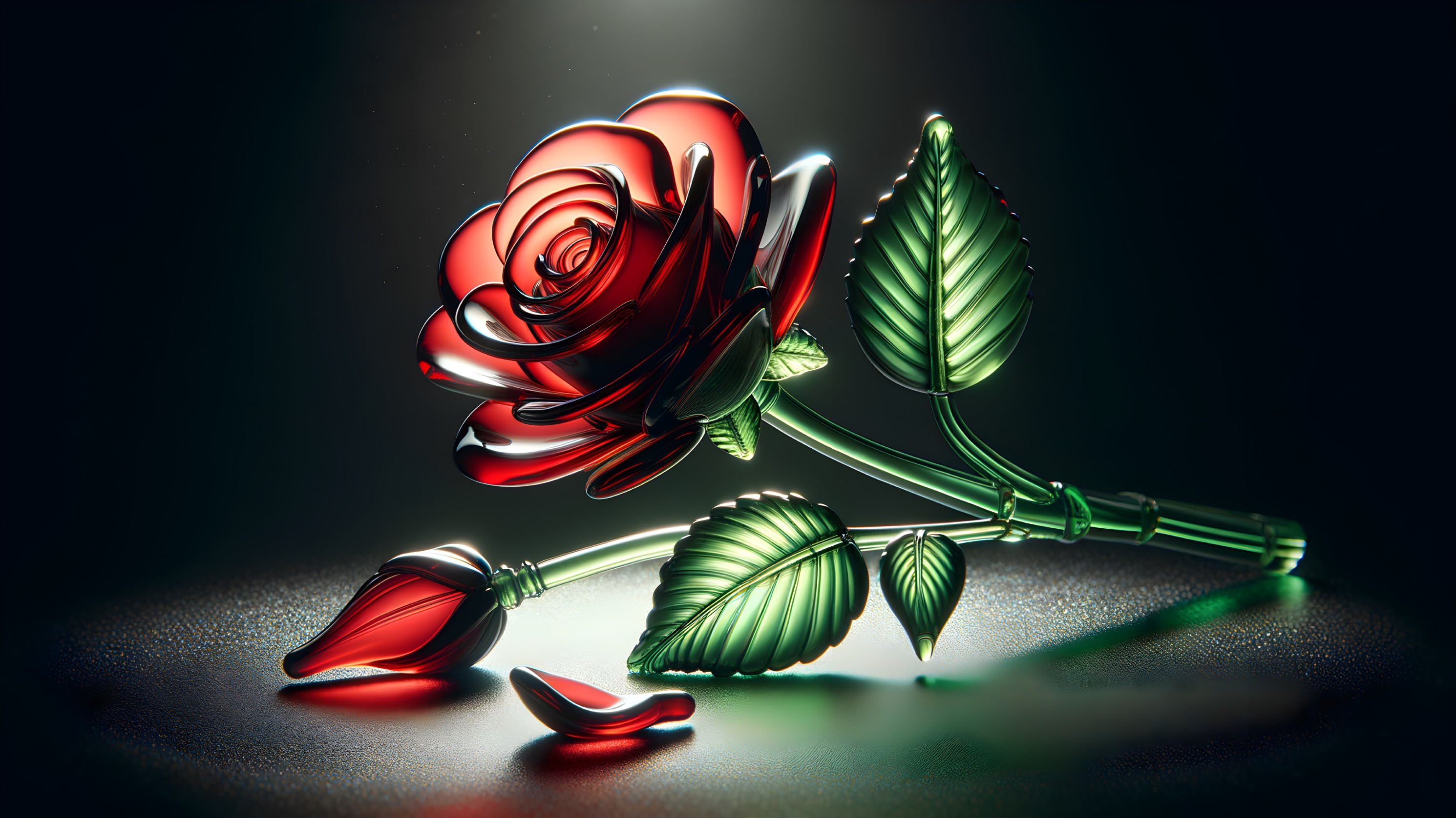 Glass Rose Sculpture with Red Petals and Green Stem