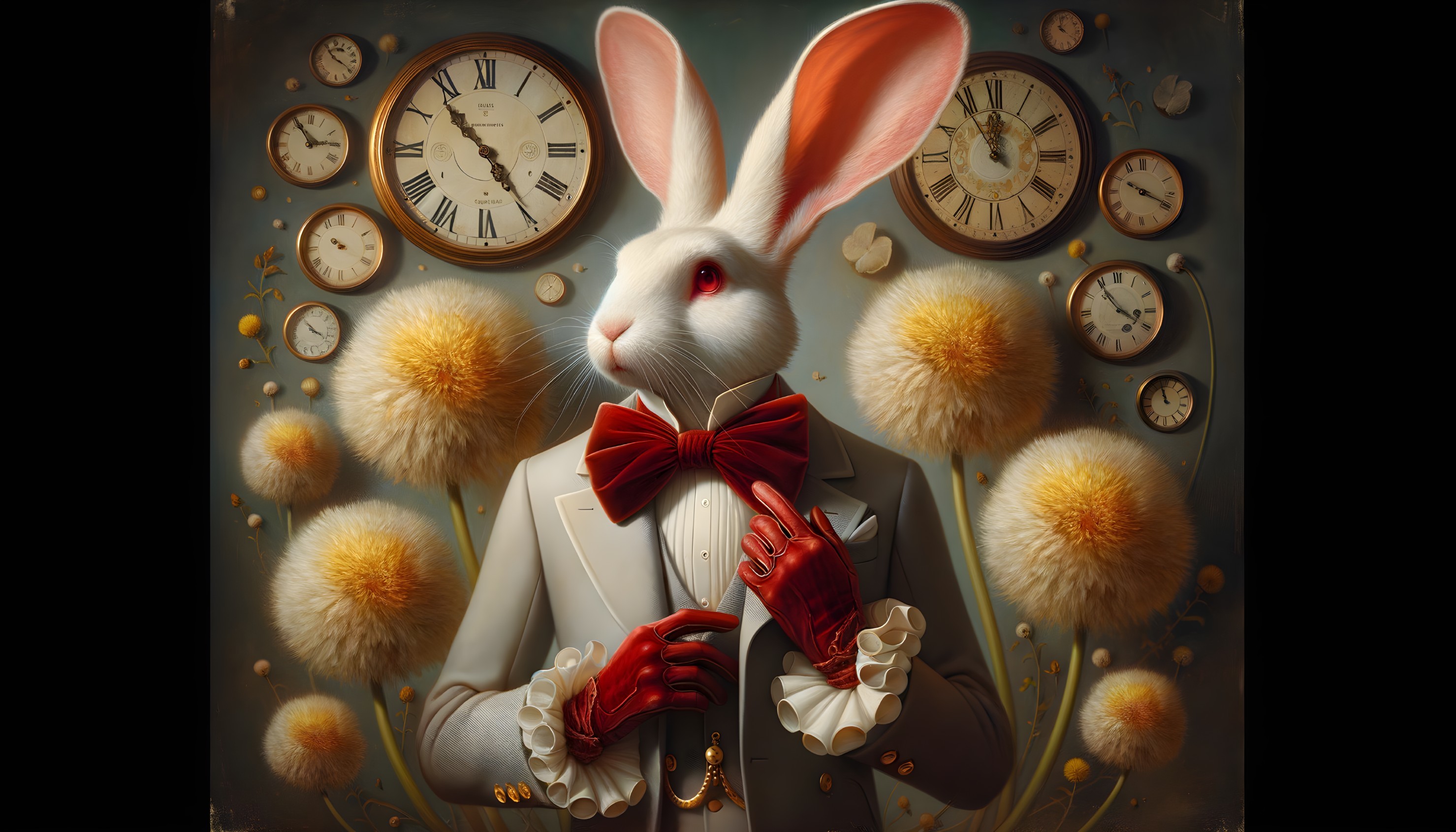 Whimsical Rabbit in Tuxedo with Vintage Clocks and Flowers