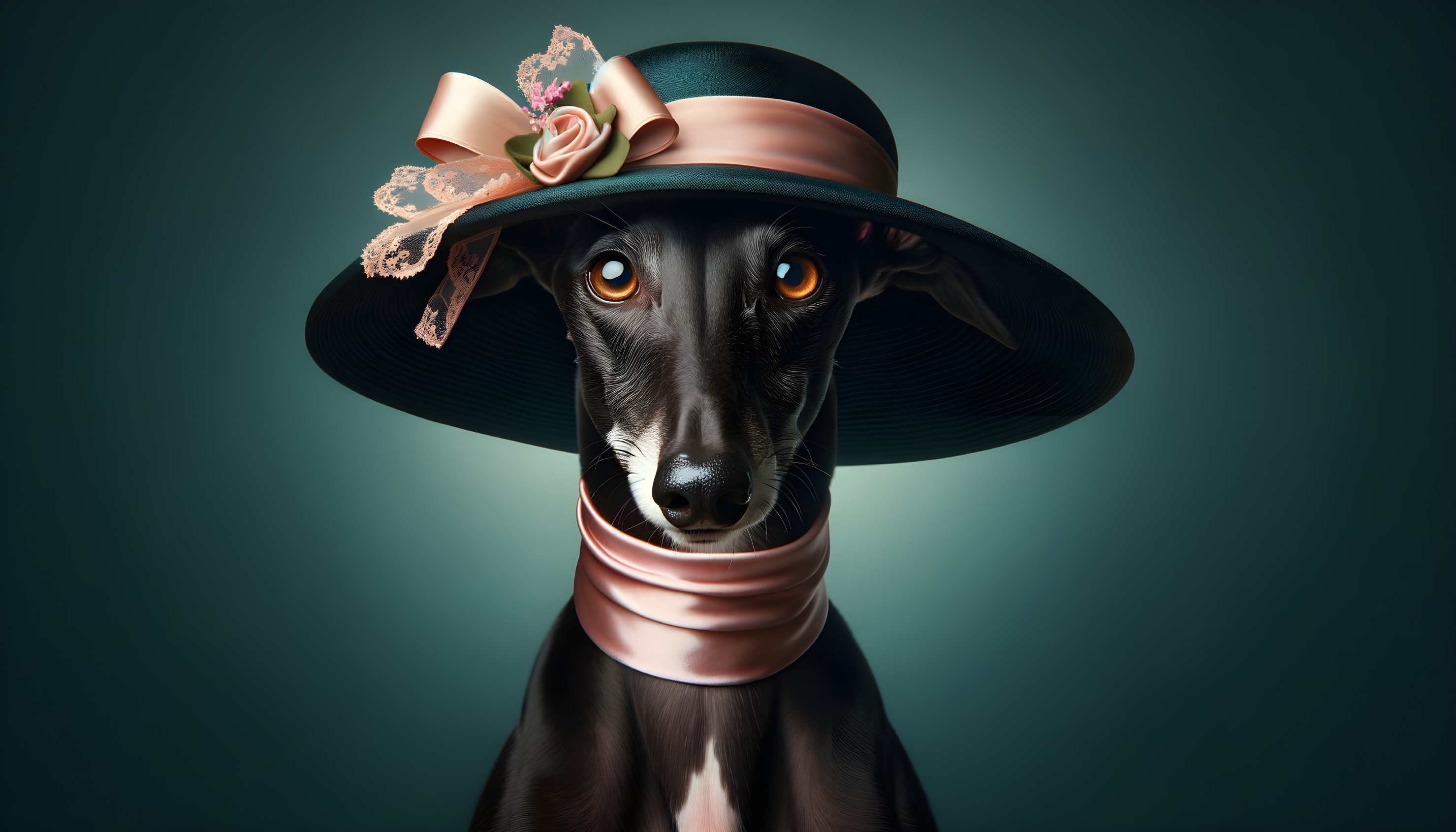 Elegant Black and White Dog in Hat and Bow
