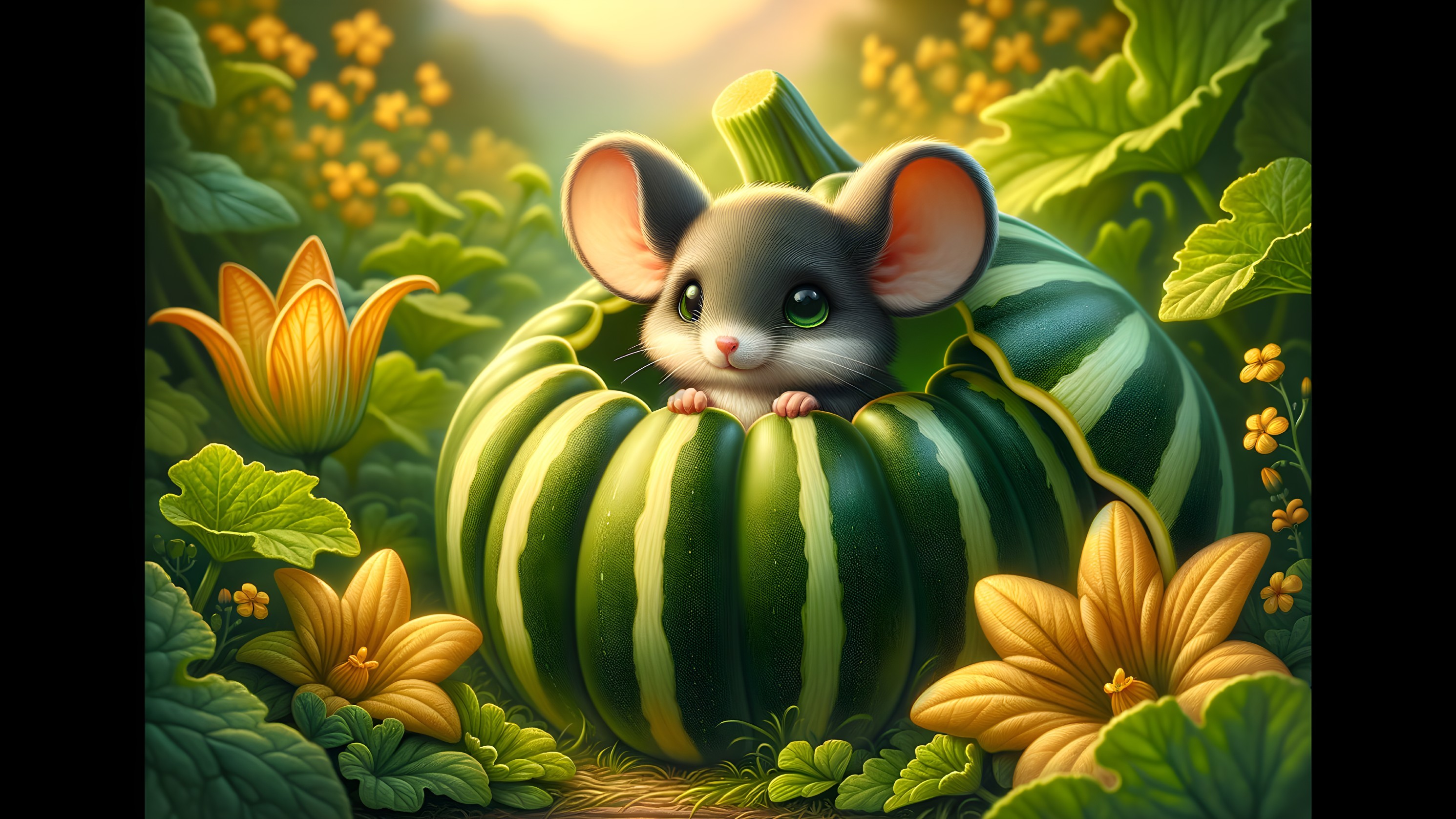 Cartoon Mouse in a Green Pumpkin Surrounded by Nature