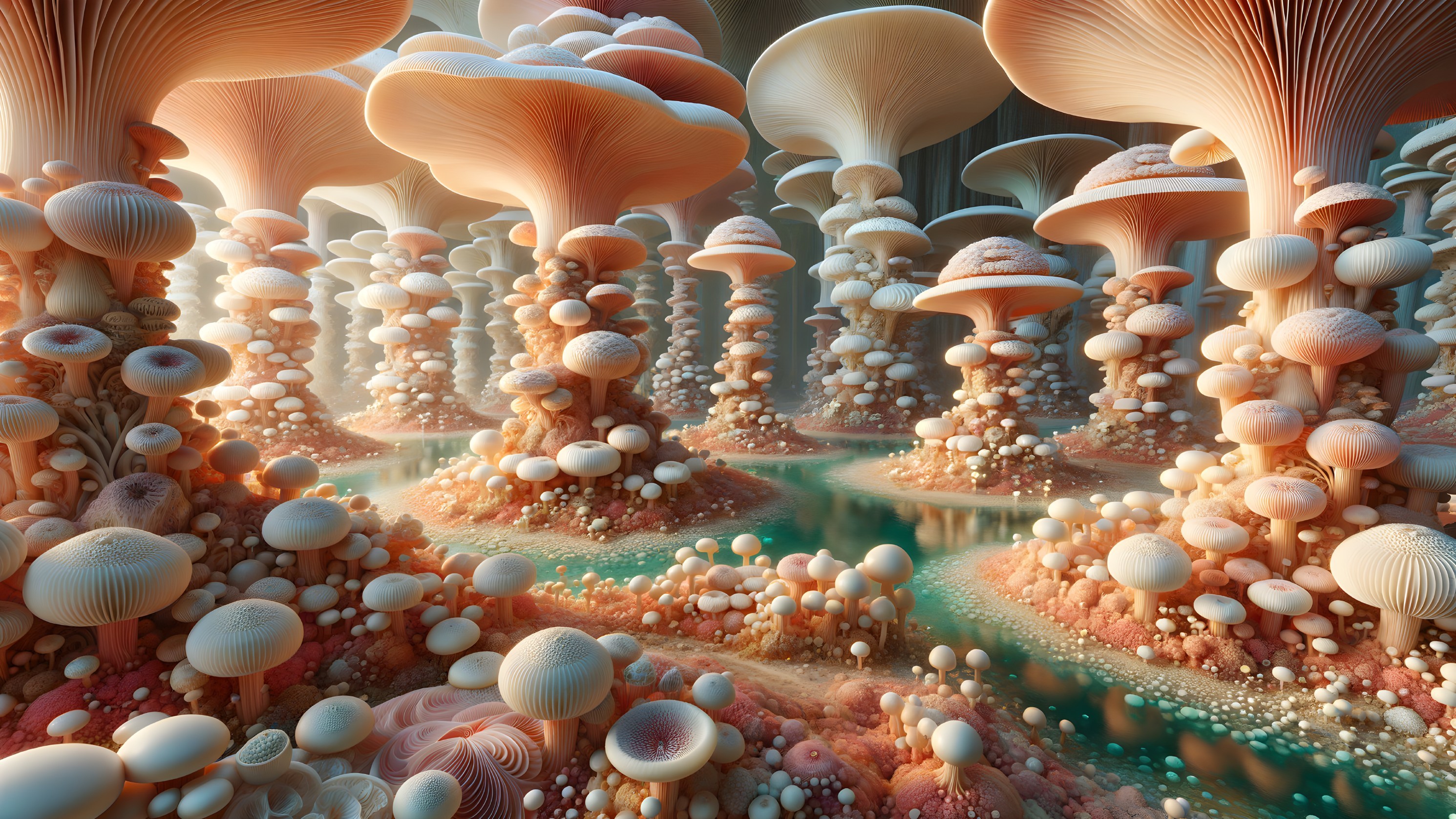 Surreal Landscape with Whimsical Mushroom Structures