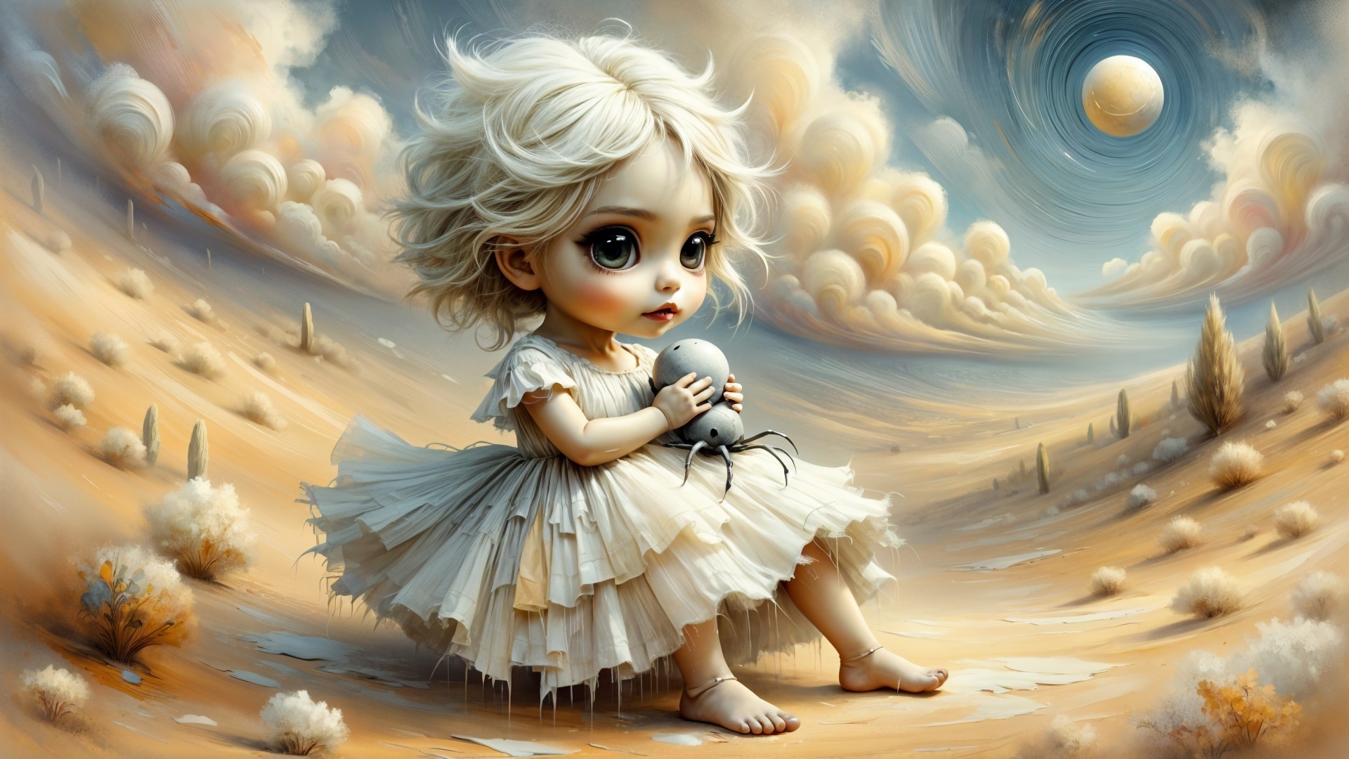 Surreal Desert Scene with Young Girl and Toy Spider