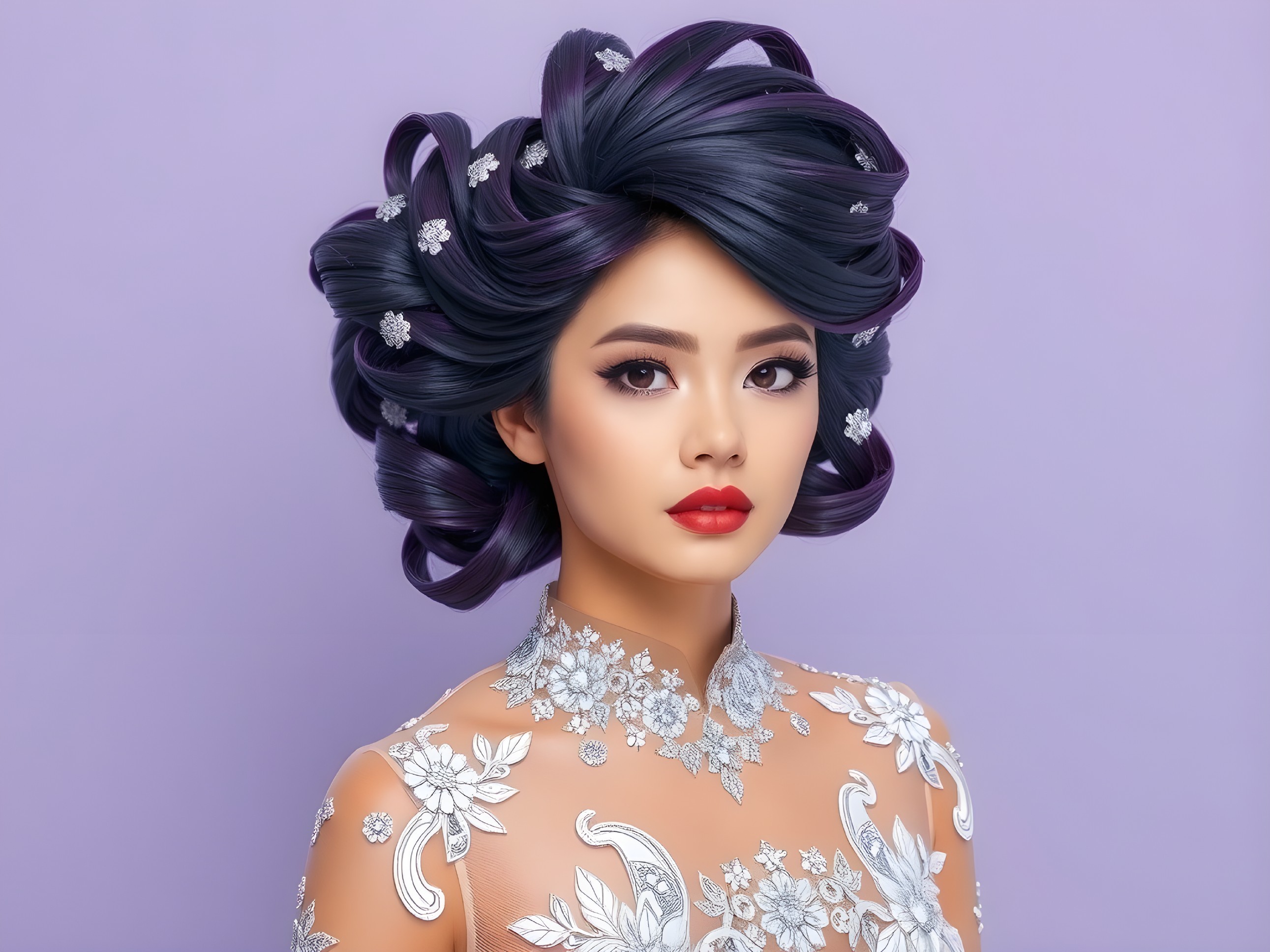 Portrait of a woman with purple hair and floral gown