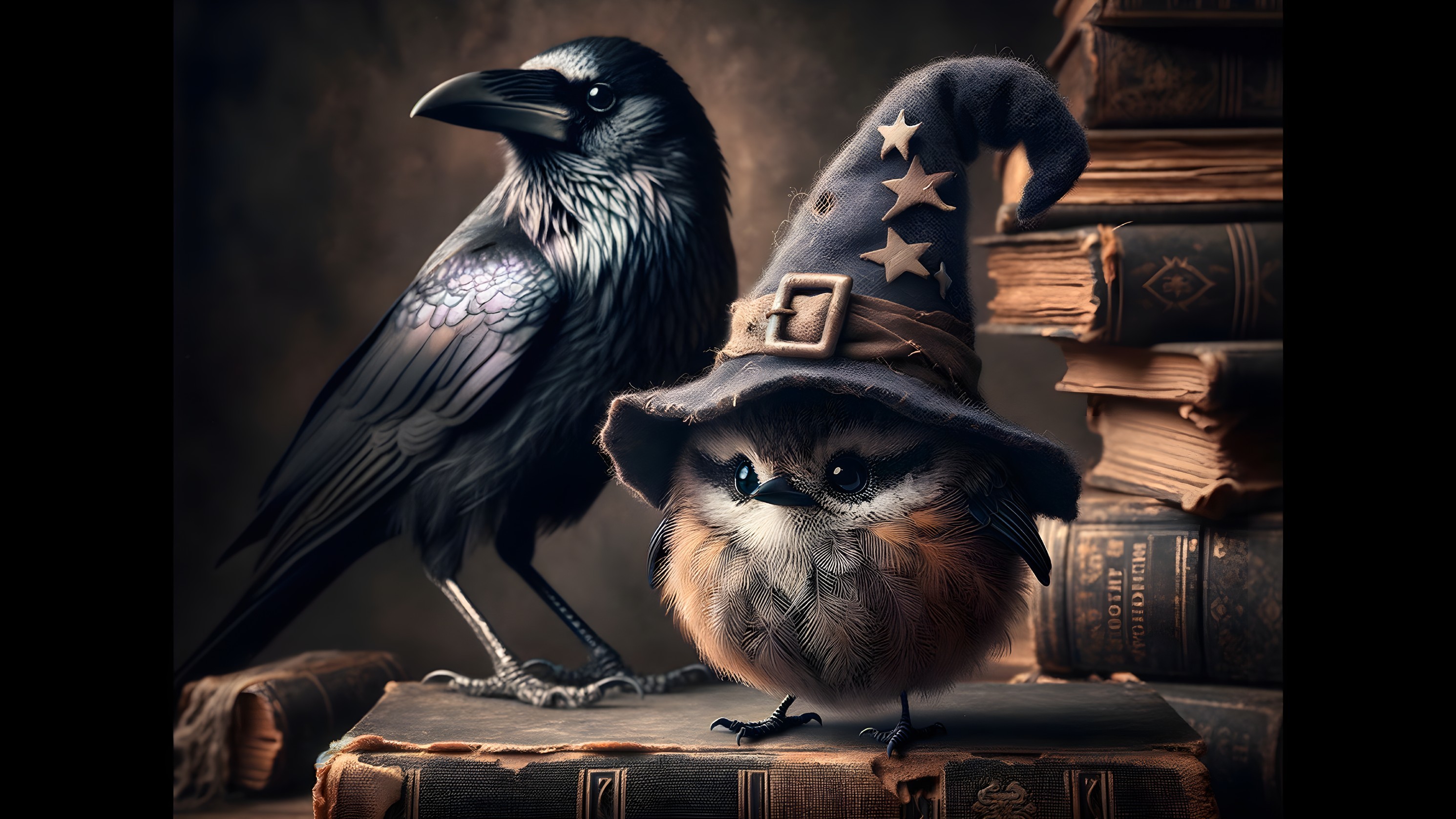 Whimsical Bird and Raven on Enchanted Books