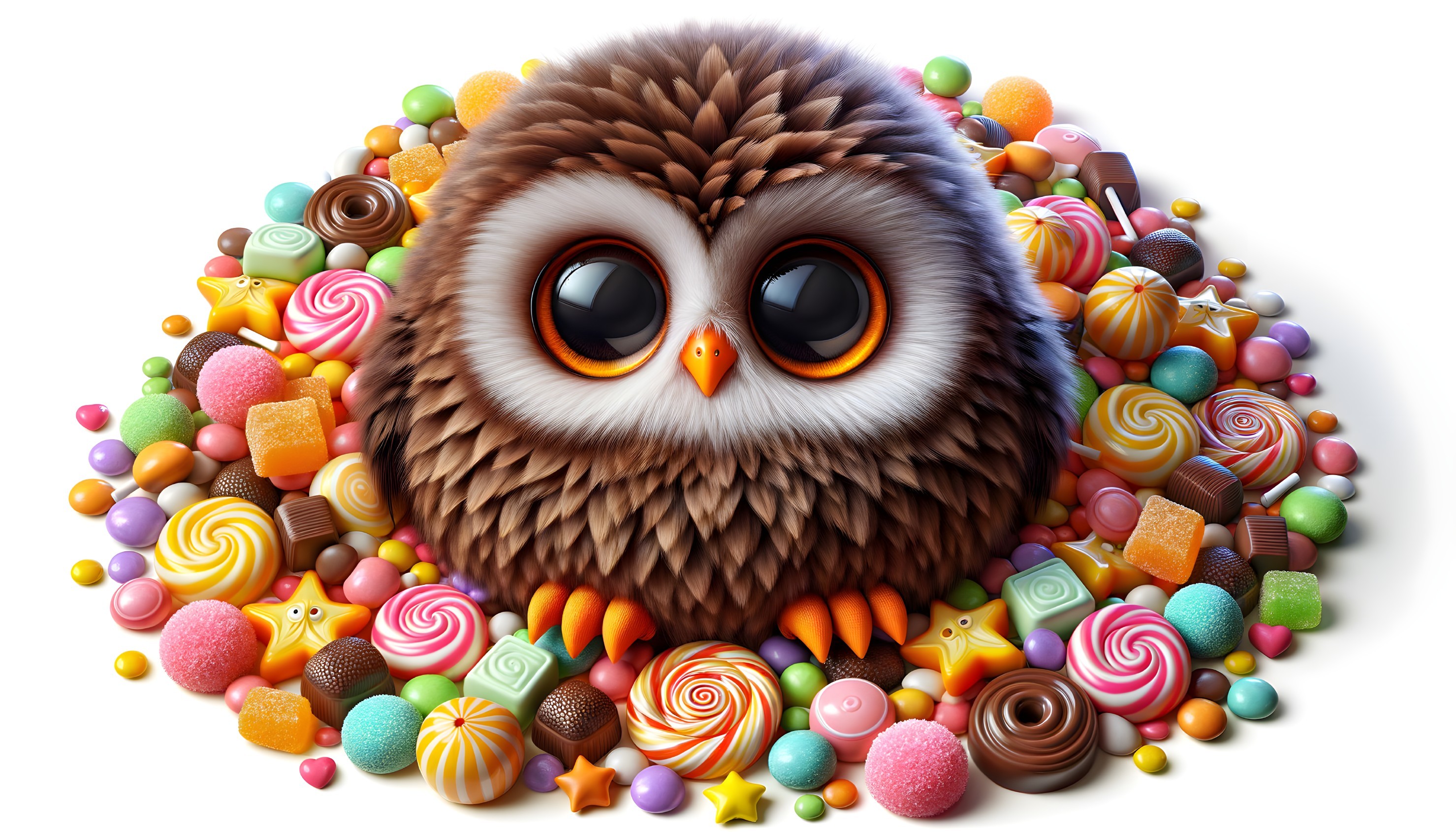 Cartoon Owl Surrounded by Colorful Candies and Sweets