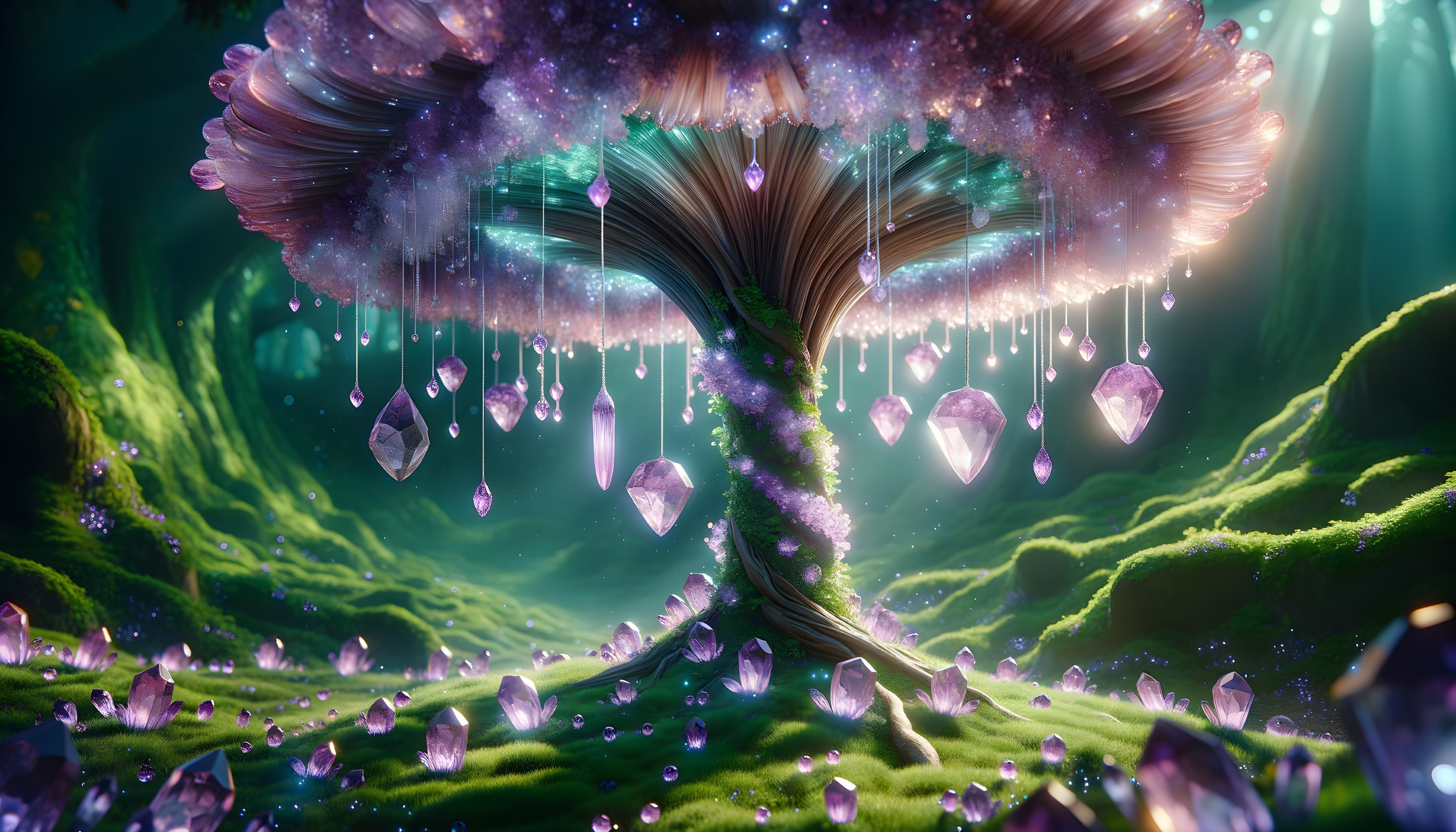 Iridescent Tree with Crystal Canopy and Vibrant Leaves