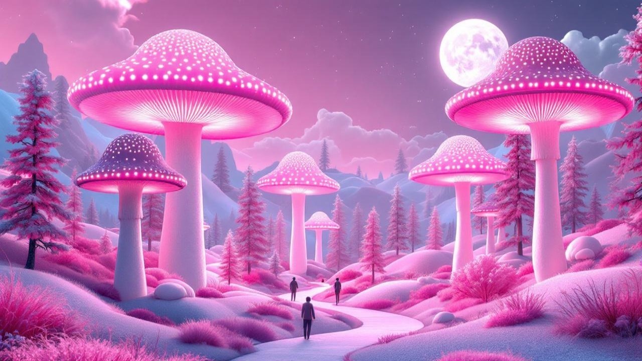 Surreal Landscape with Pink Mushrooms and Moonlight