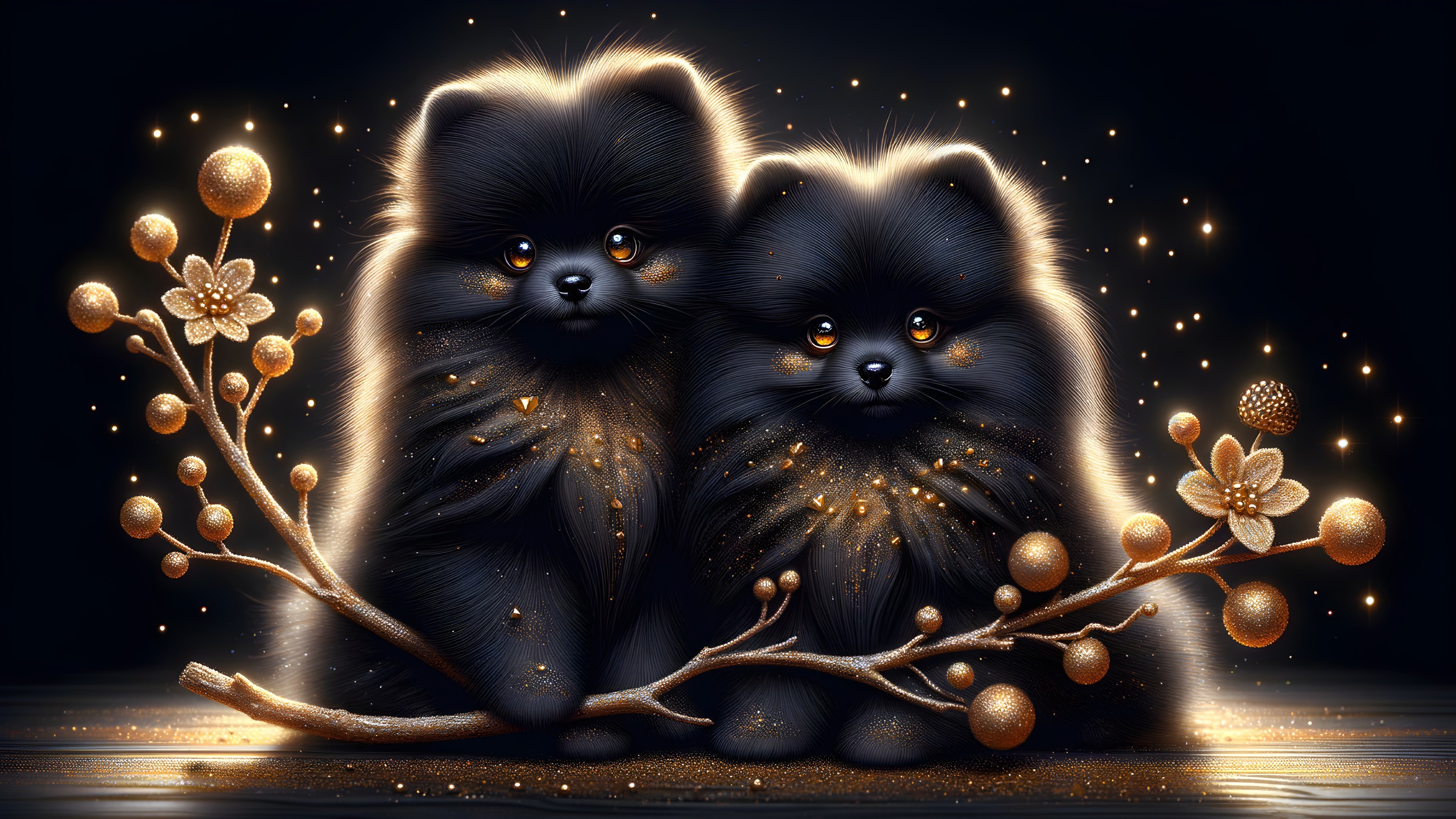 Fluffy Black Pomeranian Puppies in Whimsical Setting