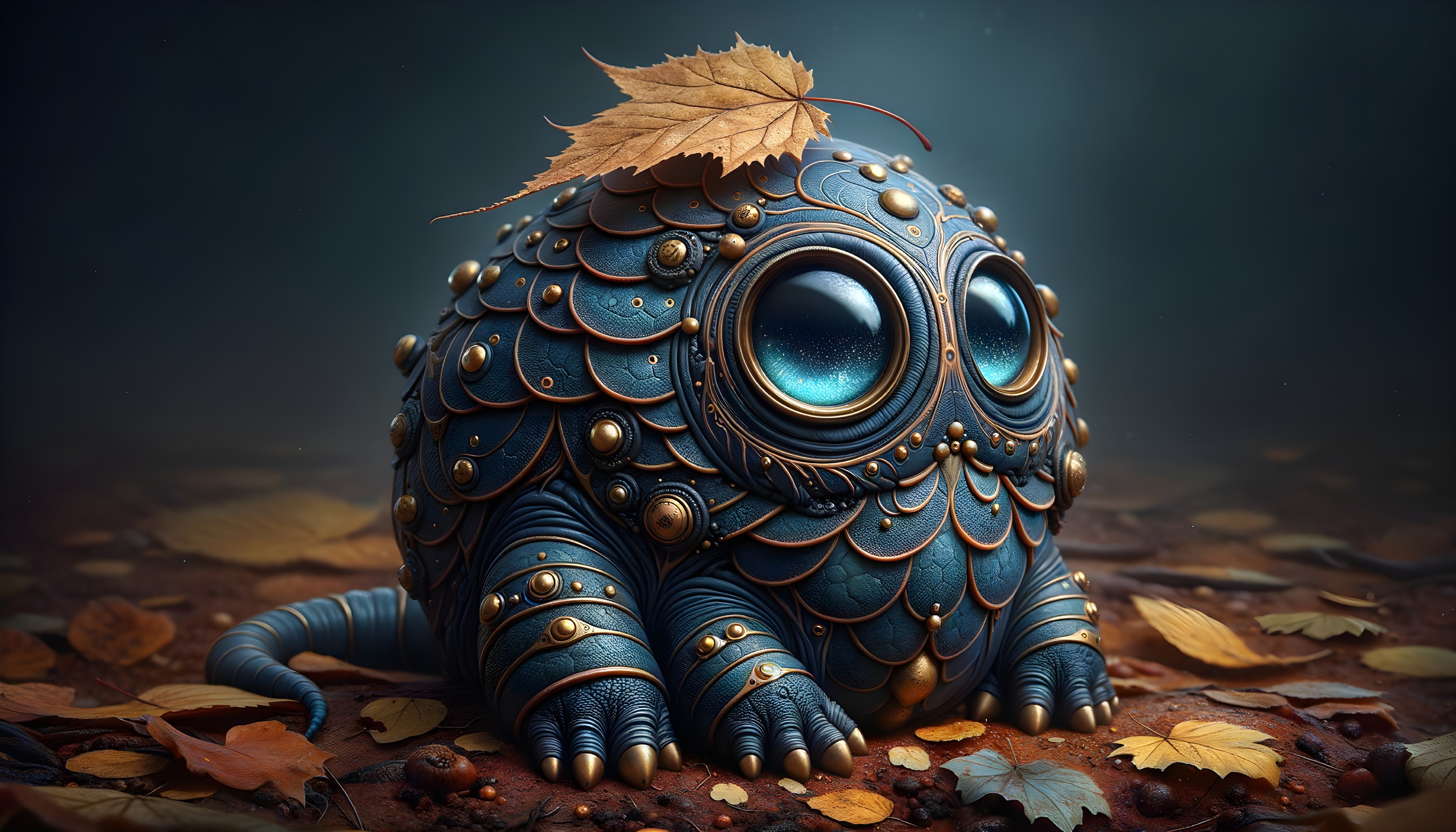 Whimsical creature with textured body among leaves