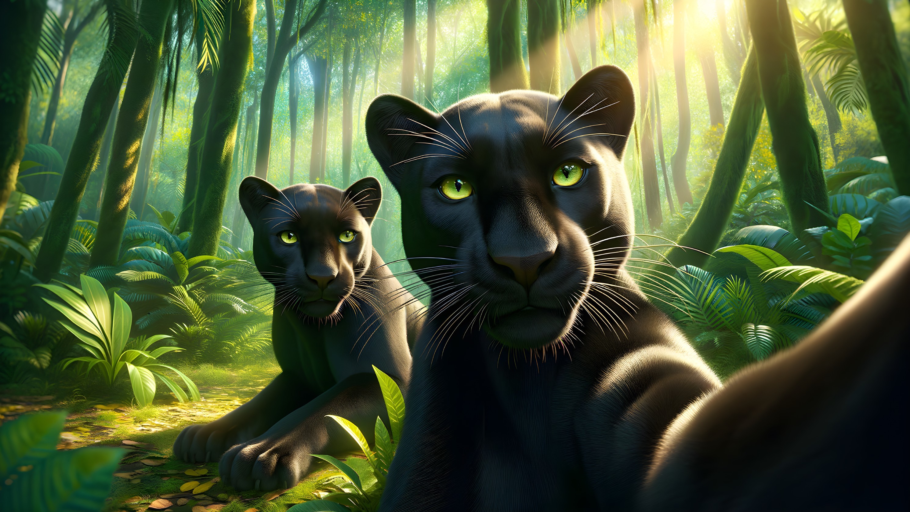 Black Panthers in Vibrant Jungle with Sunlight and Foliage